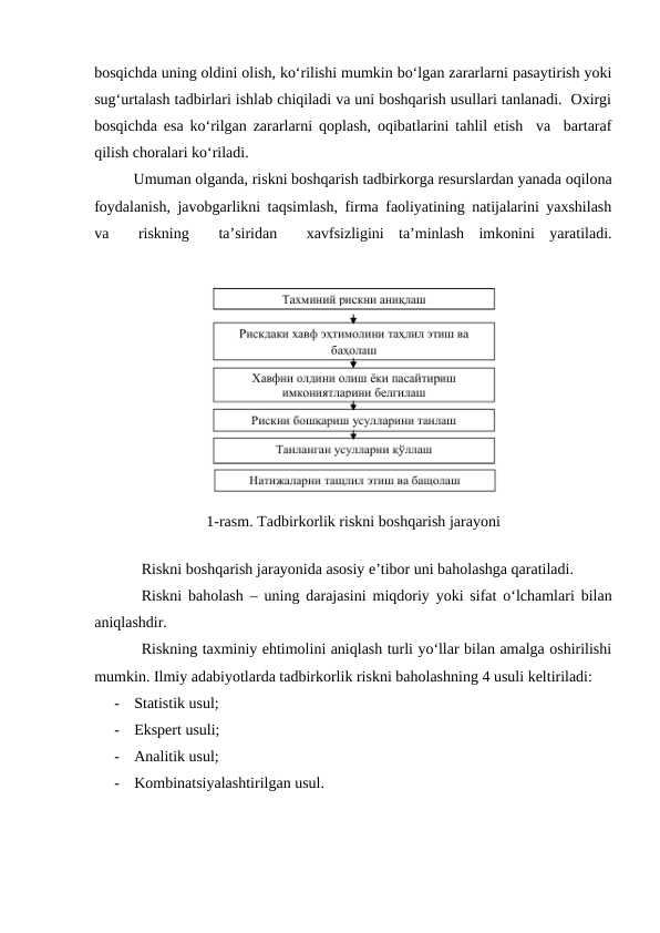 bosqichda uning oldini olish, ko‘rilishi mumkin bo‘lgan zararlarni pasaytirish yoki
sug‘urtalash tadbirlari ishlab chiqiladi va uni boshqarish usullari tanlanadi.  Oxirgi
bosqichda esa ko‘rilgan zararlarni qoplash, oqibatlarini tahlil etish  va  bartaraf
qilish choralari ko‘riladi.   
Umuman olganda, riskni boshqarish tadbirkorga resurslardan yanada oqilona
foydalanish, javobgarlikni taqsimlash, firma faoliyatining natijalarini yaxshilash
va   riskning   ta’siridan   xavfsizligini  ta’minlash  imkonini  yaratiladi.
 
1-rasm. Tadbirkorlik riskni boshqarish jarayoni
Riskni boshqarish jarayonida asosiy e’tibor uni baholashga qaratiladi. 
Riskni baholash – uning darajasini miqdoriy yoki sifat o‘lchamlari bilan
aniqlashdir.
Riskning taxminiy ehtimolini aniqlash turli yo‘llar bilan amalga oshirilishi
mumkin. Ilmiy adabiyotlarda tadbirkorlik riskni baholashning 4 usuli keltiriladi: 
-
Statistik usul; 
-
Ekspert usuli; 
-
Analitik usul; 
-
Kombinatsiyalashtirilgan usul. 
