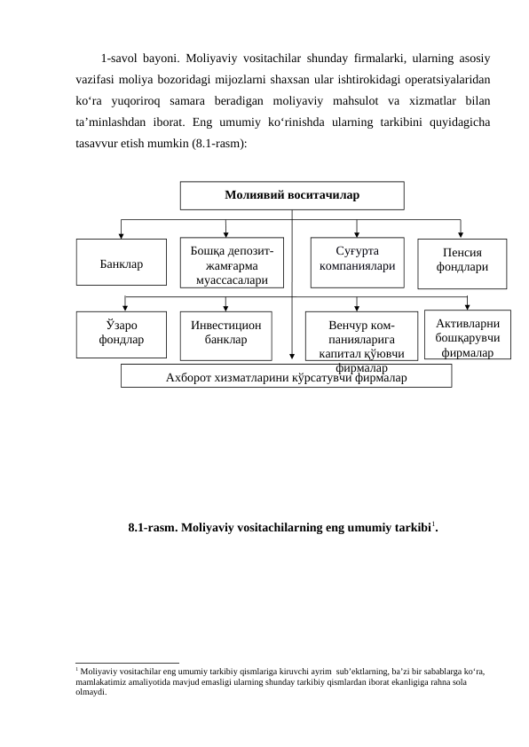 1-savol bayoni. Moliyaviy vositachilar shunday firmalarki, ularning asosiy
vazifasi moliya bozoridagi mijozlarni shaxsan ular ishtirokidagi operatsiyalaridan
ko‘ra  yuqoriroq  samara  beradigan  moliyaviy  mahsulot  va  xizmatlar  bilan
ta’minlashdan  iborat.  Eng  umumiy  ko‘rinishda  ularning  tarkibini  quyidagicha
tasavvur etish mumkin (8.1-rasm):
8.1-rasm. Moliyaviy vositachilarning eng umumiy tarkibi1.
1 Moliyaviy vositachilar eng umumiy tarkibiy qismlariga kiruvchi ayrim  sub’ektlarning, ba’zi bir sabablarga ko‘ra, 
mamlakatimiz amaliyotida mavjud emasligi ularning shunday tarkibiy qismlardan iborat ekanligiga rahna sola 
olmaydi.
Молиявий воситачилар
Ўзаро 
фондлар
Банклар
Бошқа депозит-
жамғарма 
муассасалари
Активларни 
бошқарувчи 
фирмалар
Ахборот хизматларини кўрсатувчи фирмалар
Венчур ком-
панияларига 
капитал қўювчи 
фирмалар
Суғурта 
компаниялари
Пенсия 
фондлари
Инвестицион 
банклар
