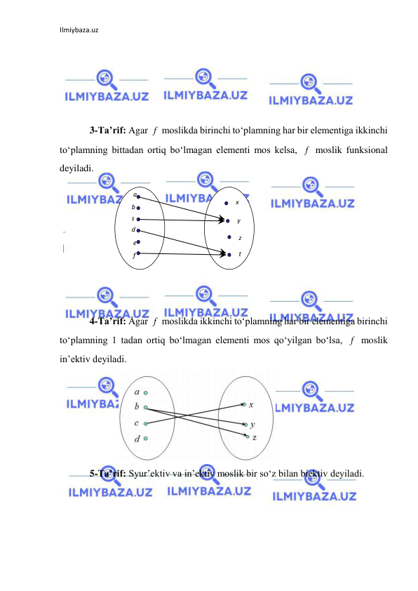 Ilmiybaza.uz 
 
 
 
 
 
 
3-Ta’rif: Agar 
 moslikda birinchi to‘plamning har bir elementiga ikkinchi 
to‘plamning bittadan ortiq bo‘lmagan elementi mos kelsa, 
 moslik funksional 
deyiladi. 
 
 
 
 
 
 
 
 
4-Ta’rif: Agar 
 moslikda ikkinchi to‘plamning har bir elementiga birinchi 
to‘plamning 1 tadan ortiq bo‘lmagan elementi mos qo‘yilgan bo‘lsa, 
 moslik 
in’ektiv deyiladi. 
            
 
5-Ta’rif: Syur’ektiv va in’ektiv moslik bir so‘z bilan biektiv deyiladi.  
f
f
f
f
а 
b 
s 
d 
t 
z 
y 
x 
e 
f 
