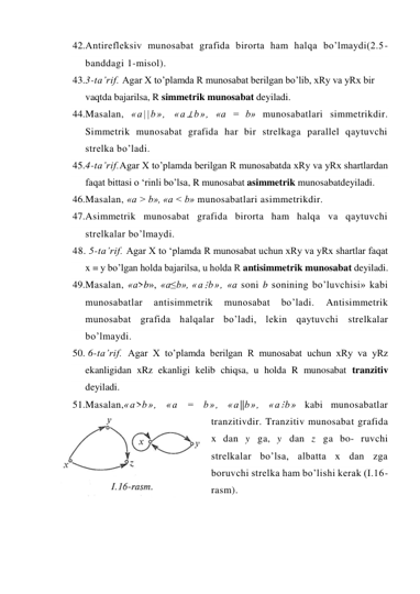 42. Antirefleksiv munosabat grafida birorta ham halqa bo’lmaydi(2.5-
banddagi 1-misol). 
43. 3-ta’rif. Agar X to’plamda R munosabat berilgan bo’lib, xRy va yRx bir 
vaqtda bajarilsa, R simmetrik munosabat deyiladi. 
44. Masalan, «a||b», «a⊥b», «a = b» munosabatlari simmetrikdir. 
Simmetrik munosabat grafida har bir strelkaga parallel qaytuvchi 
strelka bo’ladi. 
45. 4-ta’rif.Agar X to’plamda berilgan R munosabatda xRy va yRx shartlardan 
faqat bittasi o ‘rinli bo’lsa, R munosabat asimmetrik munosabatdeyiladi. 
46. Masalan, «a > b», «a < b» munosabatlari asimmetrikdir. 
47. Asimmetrik munosabat grafida birorta ham halqa va qaytuvchi 
strelkalar bo’lmaydi. 
48. 5-ta’rif. Agar X to ‘plamda R munosabat uchun xRy va yRx shartlar faqat 
x = y bo’lgan holda bajarilsa, u holda R antisimmetrik munosabat deyiladi. 
49. Masalan, «a>b», «a≤b», «a⋮b», «a soni b sonining bo’luvchisi» kabi 
munosabatlar 
antisimmetrik 
munosabat 
bo’ladi. 
Antisimmetrik 
munosabat grafida halqalar bo’ladi, lekin qaytuvchi strelkalar 
bo’lmaydi. 
50.  6-ta’rif. Agar X to’plamda berilgan R munosabat uchun xRy va yRz 
ekanligidan xRz ekanligi kelib chiqsa, u holda R munosabat tranzitiv 
deyiladi. 
51. Masalan,«a>b», «a = b», «a||b», «a⋮b» kabi munosabatlar 
tranzitivdir. Tranzitiv munosabat grafida 
x dan y ga, y dan z ga bo- ruvchi 
strelkalar bo’lsa, albatta x dan zga 
boruvchi strelka ham bo’lishi kerak (I.16-
rasm). 
 
 
 
