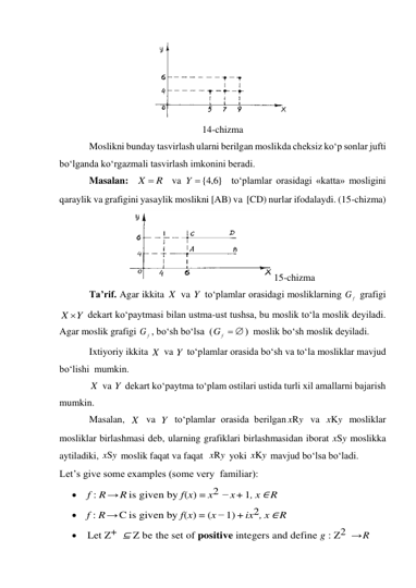  
14-chizma 
Moslikni bunday tasvirlash ularni berilgan moslikda cheksiz ko‘p sonlar jufti 
bo‘lganda ko‘rgazmali tasvirlash imkonini beradi. 
Masalan:  
  va 
  to‘plamlar orasidagi «katta» mosligini 
qaraylik va grafigini yasaylik moslikni [AB) va  [CD) nurlar ifodalaydi. (15-chizma) 
15-chizma 
Ta’rif. Agar ikkita 
 va 
 to‘plamlar orasidagi mosliklarning 
 grafigi 
 dekart ko‘paytmasi bilan ustma-ust tushsa, bu moslik to‘la moslik deyiladi. 
Agar moslik grafigi 
, bo‘sh bo‘lsa  (
)  moslik bo‘sh moslik deyiladi. 
Ixtiyoriy ikkita 
 va 
 to‘plamlar orasida bo‘sh va to‘la mosliklar mavjud 
bo‘lishi  mumkin. 
 va 
 dekart ko‘paytma to‘plam ostilari ustida turli xil amallarni bajarish 
mumkin. 
Masalan, 
 va 
 to‘plamlar orasida berilgan
 va 
 mosliklar 
mosliklar birlashmasi deb, ularning grafiklari birlashmasidan iborat xSy moslikka 
aytiladiki, 
 moslik faqat va faqat  
 yoki 
 mavjud bo‘lsa bo‘ladi. 
Let’s give some examples (some very  familiar): 
  f : R → R is given by f (x) = x2 − x + 1, x ∈ R 
  f : R → C is given by f (x) = (x − 1) + ix2, x ∈ R 
  Let Z+  ⊆ Z be the set of positive integers and define g : Z2  → R 
X  R
{ 6,4 }
Y
X
Y
f
G
Y
X 
G f
f  
G
X
Y
X
Y
X
Y
xRy
y
xK
xSy
xRy
xKy
