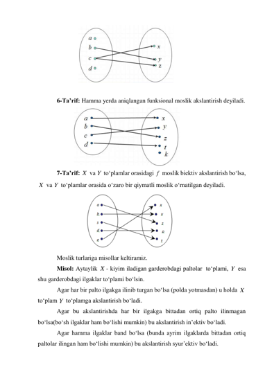               
 
 
6-Ta’rif: Hamma yerda aniqlangan funksional moslik akslantirish deyiladi. 
           
 
7-Ta’rif: 
 va 
 to‘plamlar orasidagi 
 moslik biektiv akslantirish bo‘lsa, 
 va 
 to‘plamlar orasida o‘zaro bir qiymatli moslik o‘rnatilgan deyiladi. 
                  
 
Moslik turlariga misollar keltiramiz. 
Misol: Aytaylik 
- kiyim iladigan garderobdagi paltolar  to‘plami, 
 esa 
shu garderobdagi ilgaklar to‘plami bo‘lsin. 
Agar har bir palto ilgakga ilinib turgan bo‘lsa (polda yotmasdan) u holda 
 
to‘plam 
 to‘plamga akslantirish bo‘ladi. 
Agar bu akslantirishda har bir ilgakga bittadan ortiq palto ilinmagan 
bo‘lsa(bo‘sh ilgaklar ham bo‘lishi mumkin) bu akslantirish in’ektiv bo‘ladi. 
Agar hamma ilgaklar band bo‘lsa (bunda ayrim ilgaklarda bittadan ortiq 
paltolar ilingan ham bo‘lishi mumkin) bu akslantirish syur’ektiv bo‘ladi. 
X
Y
f
X
Y
X
Y
X
Y
