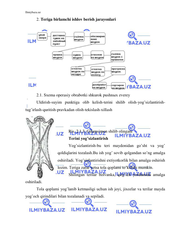 Ilmiybaza.uz 
 
2. Teriga birlamchi ishlov berish jarayonlari 
 
 
2.1. Sxema operasiy obrabotki shkurok pushnыx zverey 
Uldirish-suyim punktiga olib kelish-terini shilib olish-yog’sizlantirish-
tug’irlash-quritish-pravkadan olish-tekislash-xillash 
 
 
Ris. 2.1.3. Gilamsimon shilib olingani  
Terini yog’sizlantirish 
Yog’sizlantirish-bu teri maydonidan go’sht va yog’ 
qoldiqlarini tozalash.Bu ish yog’ sovib qolgandan so’ng amalga 
oshiriladi. Yog’sizlantirishni extiyotkorlik bilan amalga oshirish 
lozim. Teriga zarar yetsa tola qoplami to’kilishi mumkin. 
Shilingan terilar bolvanka, qirg’ich yordamida amalga 
oshiriladi. 
Tola qoplami yog’lanib ketmasligi uchun ish joyi, jixozlar va terilar mayda 
yog’och qirindilari bilan tozalanadi va sepiladi. 
 
