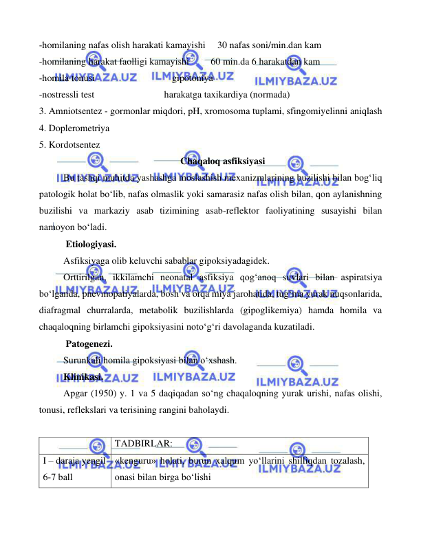  
 
 
-homilaning nafas olish harakati kamayishi     30 nafas soni/min.dan kam 
-homilaning harakat faolligi kamayishi         60 min.da 6 harakatdan kam 
-homila tonusi                                gipotoniya 
-nostressli test                             harakatga taxikardiya (normada) 
3. Amniotsentez - gormonlar miqdori, pH, xromosoma tuplami, sfingomiyelinni aniqlash 
4. Doplerometriya 
5. Kordotsentez 
 
Chaqaloq asfiksiyasi 
Bu tashqi muhitda yashashga moslashish mexanizmlarining buzilishi bilan bog‘liq 
patologik holat bo‘lib, nafas olmaslik yoki samarasiz nafas olish bilan, qon aylanishning 
buzilishi va markaziy asab tizimining asab-reflektor faoliyatining susayishi bilan 
namoyon bo‘ladi.  
 Etiologiyasi. 
Asfiksiyaga olib keluvchi sabablar gipoksiyadagidek.  
Orttirilgan, ikkilamchi neonatal asfiksiya qog‘anoq suvlari bilan aspiratsiya 
bo‘lganda, pnevmopatiyalarda, bosh va orqa miya jarohatida, tug‘ma yurak nuqsonlarida, 
diafragmal churralarda, metabolik buzilishlarda (gipoglikemiya) hamda homila va 
chaqaloqning birlamchi gipoksiyasini noto‘g‘ri davolaganda kuzatiladi.  
 Patogenezi. 
Surunkali homila gipoksiyasi bilan o‘xshash.  
Klinikasi. 
Apgar (1950) y. 1 va 5 daqiqadan so‘ng chaqaloqning yurak urishi, nafas olishi, 
tonusi, reflekslari va terisining rangini baholaydi.  
 
 
TADBIRLAR: 
I – daraja yengil 
6-7 ball 
«kenguru» holati, burun xalqum yo‘llarini shilliqdan tozalash, 
onasi bilan birga bo‘lishi  
