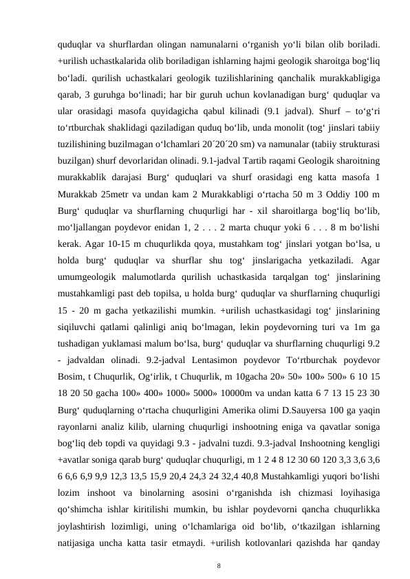 quduqlar va shurflardan olingan namunalarni o‘rganish yo‘li bilan olib boriladi.
+urilish uchastkalarida olib boriladigan ishlarning hajmi geologik sharoitga bog‘liq
bo‘ladi.  qurilish uchastkalari geologik tuzilishlarining qanchalik murakkabligiga
qarab, 3 guruhga bo‘linadi; har bir guruh uchun kovlanadigan burg‘ quduqlar va
ular orasidagi  masofa quyidagicha qabul kilinadi (9.1 jadval). Shurf – to‘g‘ri
to‘rtburchak shaklidagi qaziladigan quduq bo‘lib, unda monolit (tog‘ jinslari tabiiy
tuzilishining buzilmagan o‘lchamlari 20´20´20 sm) va namunalar (tabiiy strukturasi
buzilgan) shurf devorlaridan olinadi. 9.1-jadval Tartib raqami Geologik sharoitning
murakkablik  darajasi  Burg‘  quduqlari  va  shurf  orasidagi  eng  katta  masofa  1
Murakkab 25metr va undan kam 2 Murakkabligi o‘rtacha 50 m 3 Oddiy 100 m
Burg‘ quduqlar va shurflarning chuqurligi har - xil sharoitlarga bog‘liq bo‘lib,
mo‘ljallangan poydevor enidan 1, 2 . . . 2 marta chuqur yoki 6 . . . 8 m bo‘lishi
kerak. Agar 10-15 m chuqurlikda qoya, mustahkam tog‘ jinslari yotgan bo‘lsa, u
holda  burg‘  quduqlar  va  shurflar  shu  tog‘  jinslarigacha  yetkaziladi.  Agar
umumgeologik  malumotlarda  qurilish  uchastkasida  tarqalgan  tog‘  jinslarining
mustahkamligi past deb topilsa, u holda burg‘ quduqlar va shurflarning chuqurligi
15 - 20 m gacha yetkazilishi mumkin. +urilish uchastkasidagi tog‘ jinslarining
siqiluvchi qatlami qalinligi aniq bo‘lmagan, lekin poydevorning turi va 1m ga
tushadigan yuklamasi malum bo‘lsa, burg‘ quduqlar va shurflarning chuqurligi 9.2
-  jadvaldan  olinadi.  9.2-jadval  Lentasimon  poydevor  To‘rtburchak  poydevor
Bosim, t Chuqurlik, Og‘irlik, t Chuqurlik, m 10gacha 20» 50» 100» 500» 6 10 15
18 20 50 gacha 100» 400» 1000» 5000» 10000m va undan katta 6 7 13 15 23 30
Burg‘ quduqlarning o‘rtacha chuqurligini Amerika olimi D.Sauyersa 100 ga yaqin
rayonlarni analiz kilib, ularning chuqurligi inshootning eniga va qavatlar soniga
bog‘liq deb topdi va quyidagi 9.3 - jadvalni tuzdi. 9.3-jadval Inshootning kengligi
+avatlar soniga qarab burg‘ quduqlar chuqurligi, m 1 2 4 8 12 30 60 120 3,3 3,6 3,6
6 6,6 6,9 9,9 12,3 13,5 15,9 20,4 24,3 24 32,4 40,8 Mustahkamligi yuqori bo‘lishi
lozim  inshoot  va  binolarning  asosini  o‘rganishda  ish  chizmasi  loyihasiga
qo‘shimcha ishlar kiritilishi mumkin, bu ishlar poydevorni qancha chuqurlikka
joylashtirish  lozimligi,  uning  o‘lchamlariga  oid  bo‘lib,  o‘tkazilgan  ishlarning
natijasiga uncha katta tasir etmaydi. +urilish kotlovanlari qazishda har qanday
8
