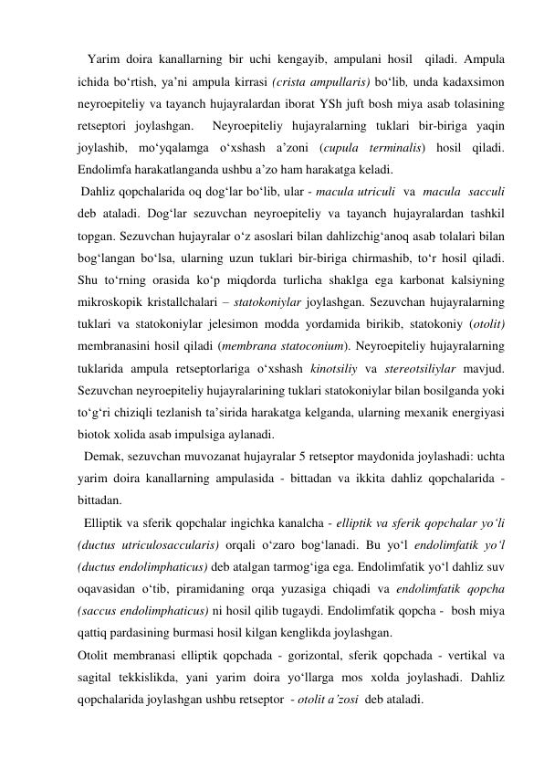    Yarim doira kanallarning bir uchi kengayib, ampulani hosil  qiladi. Ampula 
ichida bo‘rtish, ya’ni ampula kirrasi (crista ampullaris) bo‘lib, unda kadaxsimon 
neyroepiteliy va tayanch hujayralardan iborat YSh juft bosh miya asab tolasining 
retseptori joylashgan.  Neyroepiteliy hujayralarning tuklari bir-biriga yaqin 
joylashib, mo‘yqalamga o‘xshash a’zoni (cupula terminalis) hosil qiladi. 
Endolimfa harakatlanganda ushbu a’zo ham harakatga keladi. 
 Dahliz qopchalarida oq dog‘lar bo‘lib, ular - macula utriculi  va  macula  sacculi 
deb ataladi. Dog‘lar sezuvchan neyroepiteliy va tayanch hujayralardan tashkil 
topgan. Sezuvchan hujayralar o‘z asoslari bilan dahlizchig‘anoq asab tolalari bilan 
bog‘langan bo‘lsa, ularning uzun tuklari bir-biriga chirmashib, to‘r hosil qiladi. 
Shu to‘rning orasida ko‘p miqdorda turlicha shaklga ega karbonat kalsiyning 
mikroskopik kristallchalari – statokoniylar joylashgan. Sezuvchan hujayralarning 
tuklari va statokoniylar jelesimon modda yordamida birikib, statokoniy (otolit) 
membranasini hosil qiladi (membrana statoconium). Neyroepiteliy hujayralarning 
tuklarida ampula retseptorlariga o‘xshash kinotsiliy va stereotsiliylar mavjud. 
Sezuvchan neyroepiteliy hujayralarining tuklari statokoniylar bilan bosilganda yoki 
to‘g‘ri chiziqli tezlanish ta’sirida harakatga kelganda, ularning mexanik energiyasi  
biotok xolida asab impulsiga aylanadi.  
  Demak, sezuvchan muvozanat hujayralar 5 retseptor maydonida joylashadi: uchta 
yarim doira kanallarning ampulasida - bittadan va ikkita dahliz qopchalarida - 
bittadan. 
  Elliptik va sferik qopchalar ingichka kanalcha - elliptik va sferik qopchalar yo‘li 
(ductus utriculosaccularis) orqali o‘zaro bog‘lanadi. Bu yo‘l endolimfatik yo‘l 
(ductus endolimphaticus) deb atalgan tarmog‘iga ega. Endolimfatik yo‘l dahliz suv 
oqavasidan o‘tib, piramidaning orqa yuzasiga chiqadi va endolimfatik qopcha 
(saccus endolimphaticus) ni hosil qilib tugaydi. Endolimfatik qopcha -  bosh miya 
qattiq pardasining burmasi hosil kilgan kenglikda joylashgan.  
Otolit membranasi elliptik qopchada - gorizontal, sferik qopchada - vertikal va 
sagital tekkislikda, yani yarim doira yo‘llarga mos xolda joylashadi. Dahliz 
qopchalarida joylashgan ushbu retseptor  - otolit a’zosi  deb ataladi.  
