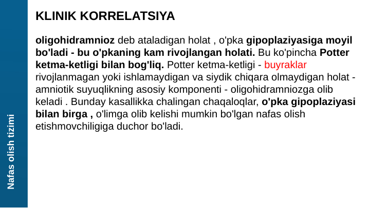 Nafas olish tizimi
KLINIK KORRELATSIYA
oligohidramnioz deb ataladigan holat , o'pka gipoplaziyasiga moyil 
bo'ladi - bu o'pkaning kam rivojlangan holati. Bu ko'pincha Potter 
ketma-ketligi bilan bog'liq. Potter ketma-ketligi - buyraklar 
rivojlanmagan yoki ishlamaydigan va siydik chiqara olmaydigan holat - 
amniotik suyuqlikning asosiy komponenti - oligohidramniozga olib 
keladi . Bunday kasallikka chalingan chaqaloqlar, o'pka gipoplaziyasi 
bilan birga , o'limga olib kelishi mumkin bo'lgan nafas olish 
etishmovchiligiga duchor bo'ladi.
