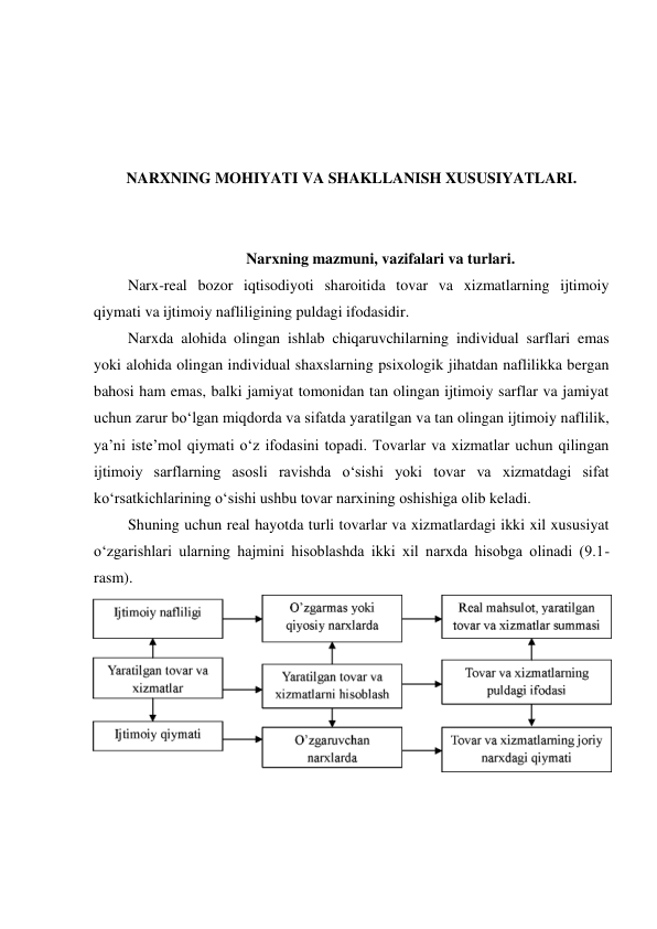  
 
 
 
NARXNING MOHIYATI VA SHAKLLANISH XUSUSIYATLARI. 
 
 
Narxning mazmuni, vazifalari va turlari. 
Narx-real bozor iqtisodiyoti sharoitida tovar va xizmatlarning ijtimoiy 
qiymati va ijtimoiy nafliligining puldagi ifodasidir. 
Narxda alohida olingan ishlab chiqaruvchilarning individual sarflari emas 
yoki alohida olingan individual shaxslarning psixologik jihatdan naflilikka bergan 
bahosi ham emas, balki jamiyat tomonidan tan olingan ijtimoiy sarflar va jamiyat 
uchun zarur bo‘lgan miqdorda va sifatda yaratilgan va tan olingan ijtimoiy naflilik, 
ya’ni iste’mol qiymati o‘z ifodasini topadi. Tovarlar va xizmatlar uchun qilingan 
ijtimoiy sarflarning asosli ravishda o‘sishi yoki tovar va xizmatdagi sifat 
ko‘rsatkichlarining o‘sishi ushbu tovar narxining oshishiga olib keladi. 
Shuning uchun real hayotda turli tovarlar va xizmatlardagi ikki xil xususiyat 
o‘zgarishlari ularning hajmini hisoblashda ikki xil narxda hisobga olinadi (9.1-
rasm). 
 
 
