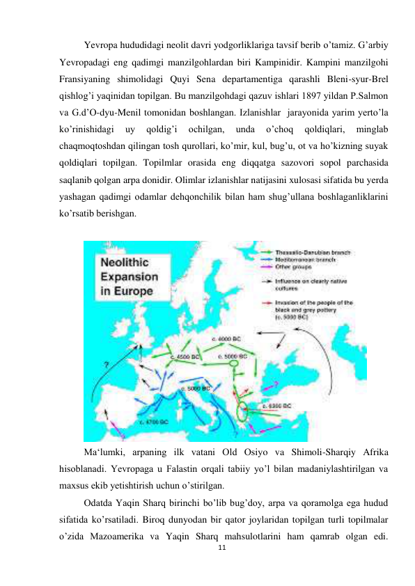 11 
 
Yevropa hududidagi neolit davri yodgorliklariga tavsif berib o’tamiz. G’arbiy 
Yevropadagi eng qadimgi manzilgohlardan biri Kampinidir. Kampini manzilgohi 
Fransiyaning shimolidagi Quyi Sena departamentiga qarashli Bleni-syur-Brel 
qishlog’i yaqinidan topilgan. Bu manzilgohdagi qazuv ishlari 1897 yildan P.Salmon 
va G.d’O-dyu-Menil tomonidan boshlangan. Izlanishlar  jarayonida yarim yerto’la 
ko’rinishidagi 
uy 
qoldig’i 
ochilgan, 
unda 
o’choq 
qoldiqlari, 
minglab 
chaqmoqtoshdan qilingan tosh qurollari, ko’mir, kul, bug’u, ot va ho’kizning suyak 
qoldiqlari topilgan. Topilmlar orasida eng diqqatga sazovori sopol parchasida 
saqlanib qolgan arpa donidir. Olimlar izlanishlar natijasini xulosasi sifatida bu yerda 
yashagan qadimgi odamlar dehqonchilik bilan ham shug’ullana boshlaganliklarini 
ko’rsatib berishgan.  
 
 
Ma‘lumki, arpaning ilk vatani Old Osiyo va Shimoli-Sharqiy Afrika 
hisoblanadi. Yevropaga u Falastin orqali tabiiy yo’l bilan madaniylashtirilgan va 
maxsus ekib yetishtirish uchun o’stirilgan.  
Odatda Yaqin Sharq birinchi bo’lib bug’doy, arpa va qoramolga ega hudud 
sifatida ko’rsatiladi. Biroq dunyodan bir qator joylaridan topilgan turli topilmalar 
o’zida Mazoamerika va Yaqin Sharq mahsulotlarini ham qamrab olgan edi. 
