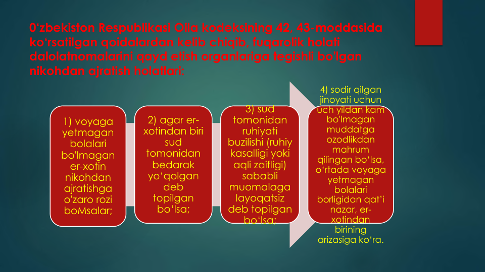 0‘zbekiston Respublikasi Oila kodeksining 42, 43-moddasida 
ko‘rsatilgan qoidalardan kelib chiqib, fuqarolik holati
dalolatnomalarini qayd etish organlariga tegishli bo'lgan
nikohdan ajratish holatlari:
1) voyaga
yetmagan
bolalari
bo'lmagan
er-xotin
nikohdan
ajratishga
o'zaro rozi
boMsalar;
2) agar er-
xotindan biri
sud
tomonidan
bedarak
yo‘qolgan
deb 
topilgan
bo‘lsa;
3) sud
tomonidan
ruhiyati
buzilishi (ruhiy
kasalligi yoki
aqli zaifligi) 
sababli
muomalaga
layoqatsiz
deb topilgan
bo‘lsa;
4) sodir qilgan
jinoyati uchun
uch yildan kam
bo'lmagan
muddatga
ozodlikdan
mahrum
qilingan bo‘lsa, 
o‘rtada voyaga
yetmagan
bolalari
borligidan qat’i
nazar, er-
xotindan
birining
arizasiga ko‘ra.
