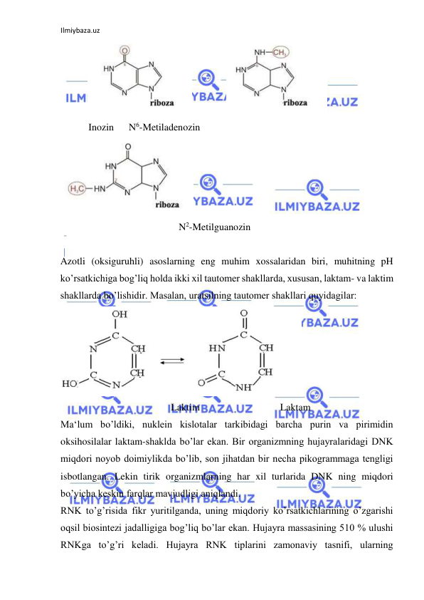 Ilmiybaza.uz 
 
 
 
  
 
  
   Inozin      N6-Metiladenozin  
  
 
   
    N2-Metilguanozin  
  
Azotli (oksiguruhli) asoslarning eng muhim xossalaridan biri, muhitning pH 
ko’rsatkichiga bog’liq holda ikki xil tautomer shakllarda, xususan, laktam- va laktim 
shakllarda bo’lishidir. Masalan, uratsilning tautomer shakllari quyidagilar:  
  
 
  
  
  Laktim  
     Laktam  
Ma‘lum bo’ldiki, nuklein kislotalar tarkibidagi barcha purin va pirimidin 
oksihosilalar laktam-shaklda bo’lar ekan. Bir organizmning hujayralaridagi DNK 
miqdori noyob doimiylikda bo’lib, son jihatdan bir necha pikogrammaga tengligi 
isbotlangan. Lekin tirik organizmlarning har xil turlarida DNK ning miqdori 
bo’yicha keskin farqlar mavjudligi aniqlandi.  
RNK to’g’risida fikr yuritilganda, uning miqdoriy ko’rsatkichlarining o’zgarishi 
oqsil biosintezi jadalligiga bog’liq bo’lar ekan. Hujayra massasining 510 % ulushi 
RNKga to’g’ri keladi. Hujayra RNK tiplarini zamonaviy tasnifi, ularning 
