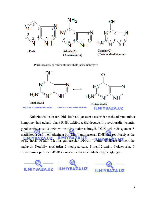  
3 
 
 
  
 
Nuklein kislotalar tarkibida ko’rsatilgan azot asoslaridan tashqari yana minor 
komponentlari uchrab ular t-RNK tarkibida: digidrouratsil, psevdouridin, ksantin, 
gipoksantin, atsetilsitozin va orot kislotalar uchraydi. DNK tarkibida qisman 5-
metilsitozin va 6-metiladeninlar bor. Metillanish asosan, DNKning replikatsiyasidan 
so’ng hosil bo’ladi. Metillangan asoslar DNKni “o’zini” DNKaza fermentidan 
saqlaydi. Notabiiy asoslardan 7-metilguanozin, 1-metil-2-amino-6-oksopurin, 6-
dimetilaminopurinlar i-RNK va nukleozidlar tarkibida borligi aniqlangan. 
 
