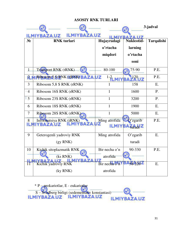  
31 
 
ASOSIY RNK TURLARI 
3-jadval 
 
№ 
RNK turlari 
Hujayradagi 
o’rtacha 
miqdori 
Nukleotid-
larning 
o’rtacha 
soni 
Tarqalishi  
1 
  Transport RNK (tRNK) 
80-100 
75-90 
P.E. 
2 
  Ribosom 5 S RNK (rRNK) 
1-2 
120 
P.E. 
3 
  Ribosom 5,8 S RNK (rRNK) 
1 
158 
E. 
4 
  Ribosom 16S RNK (rRNK) 
1 
1600 
P. 
5 
  Ribosom 23S RNK (rRNK) 
1 
3200 
P. 
6 
  Ribosom 18S RNK (rRNK) 
1 
1900 
E. 
7 
  Ribosom 28S RNK (rRNK) 
1 
5000 
E. 
8 
  Informatsiya RNK (iRNK) 
Ming atrofida 
O’zgarib 
turadi 
P.E. 
9 
  Geterogenli yadroviy RNK 
(gy RNK) 
Ming atrofida 
O’zgarib 
turadi 
E. 
10   Kichik sitoplazmatik RNK 
(ks RNK) 
Bir necha o’n 
atrofida 
90-330 
P.E. 
11   Kichik yadroviy RNK 
(ky RNK) 
Bir necha o’n 
atrofida 
58-220 
E. 
 
* P – prokariotlar, E - eukariotlar 
 S – Svedberg birligi (sedementativ konstantasi) 
 
 
 
