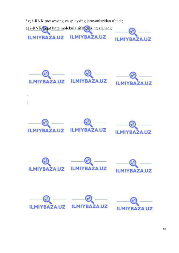  
48 
 
*v) i-RNK protsessing va splaysing jarayonlaridan o’tadi; 
g) i-RNK faqat bitta molekula sifatida sintezlanadi; 
 
