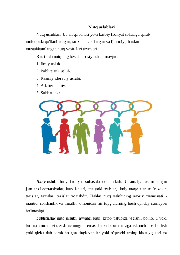 Nutq uslublari
Nutq uslublari- bu aloqa sohasi yoki kasbiy faoliyat sohasiga qarab 
muloqotda qo'llaniladigan, tarixan shakllangan va ijtimoiy jihatdan 
mustahkamlangan nutq vositalari tizimlari.
Rus tilida nutqning beshta asosiy uslubi mavjud.
1. Ilmiy uslub.
2. Publitsistik uslub.
3. Rasmiy idoraviy uslubi.
4. Adabiy-badiiy.
5. Suhbatdosh.
Ilmiy uslub  ilmiy  faoliyat  sohasida  qo'llaniladi.  U  amalga  oshiriladigan
janrlar dissertatsiyalar, kurs ishlari, test yoki tezislar, ilmiy maqolalar, ma'ruzalar,
tezislar, tezislar, tezislar yozishdir. Ushbu nutq uslubining asosiy xususiyati -
mantiq, ravshanlik va muallif tomonidan his-tuyg'ularning hech qanday namoyon
bo'lmasligi.
publitsistik nutq uslubi, avvalgi kabi, kitob uslubiga tegishli bo'lib, u yoki
bu ma'lumotni etkazish uchungina emas, balki biror narsaga ishonch hosil qilish
yoki qiziqtirish kerak bo'lgan tinglovchilar yoki o'quvchilarning his-tuyg'ulari va
