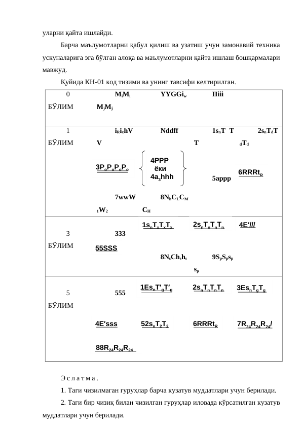 уларни қайта ишлайди.
Барча маълумотларни қабул қилиш ва узатиш учун замонавий техника
ускуналарига эга бўлган алоқа ва маълумотларни қайта ишлаш бошқармалари
мавжуд.
Қуйида КН-01 код тизими ва унинг тавсифи келтирилган.
0
БЎЛИМ
MiMi
MjMj
YYGGiw
IIiii
1
БЎЛИМ
iRixhV
V
Nddff
1snT T
T
2snTdT
dTd
5appp
7wwW
1W2
8NhCLCM
CH
3
БЎЛИМ
333
8NsChshs
9SpSpsp
sp
5
БЎЛИМ
555
Э с л а т м а .
1. Таги чизилмаган гуруҳлар барча кузатув муддатлари учун берилади.
2. Таги бир чизиқ билан чизилган гуруҳлар иловада кўрсатилган кузатув
муддатлари учун берилади.
4РРР
  ёки
4a3hhh
3РоРоРоРо
1ЕsnT′gT′g
6RRRtR
6RRRtR
7R24R24R24/
2snTnTnTn
2snTnTnTn
1snTxTxTx
4E′///
55SSS
4E′sss
52snT2T2
 88R24R24R24
3EsnTgTg
