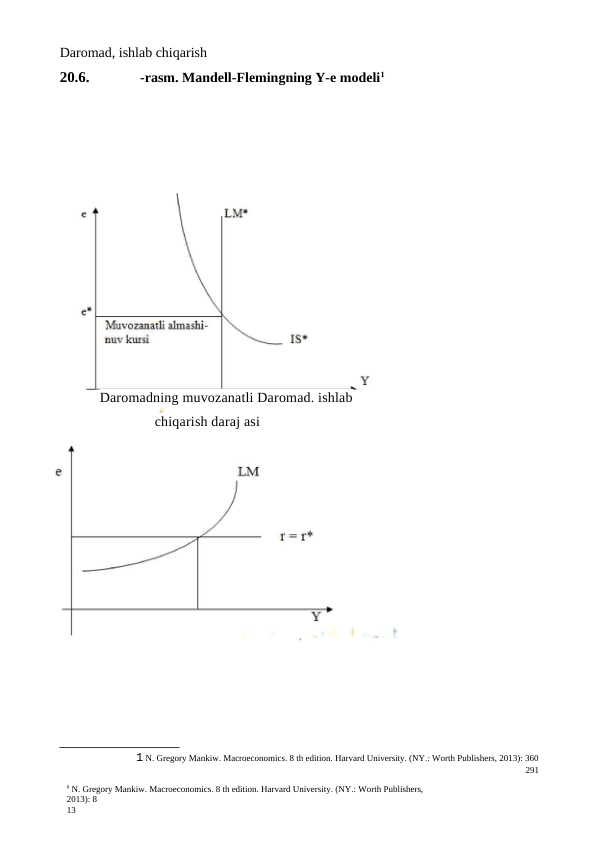 6 N. Gregory Mankiw. Macroeconomics. 8 th edition. Harvard University. (NY.: Worth Publishers,
2013): 8
13
Daromad, ishlab chiqarish
20.6.
-rasm. Mandell-Flemingning Y-e modeli1
1 N. Gregory Mankiw. Macroeconomics. 8 th edition. Harvard University. (NY.: Worth Publishers, 2013): 360
291
Daromadning muvozanatli Daromad. ishlab 
chiqarish daraj asi
