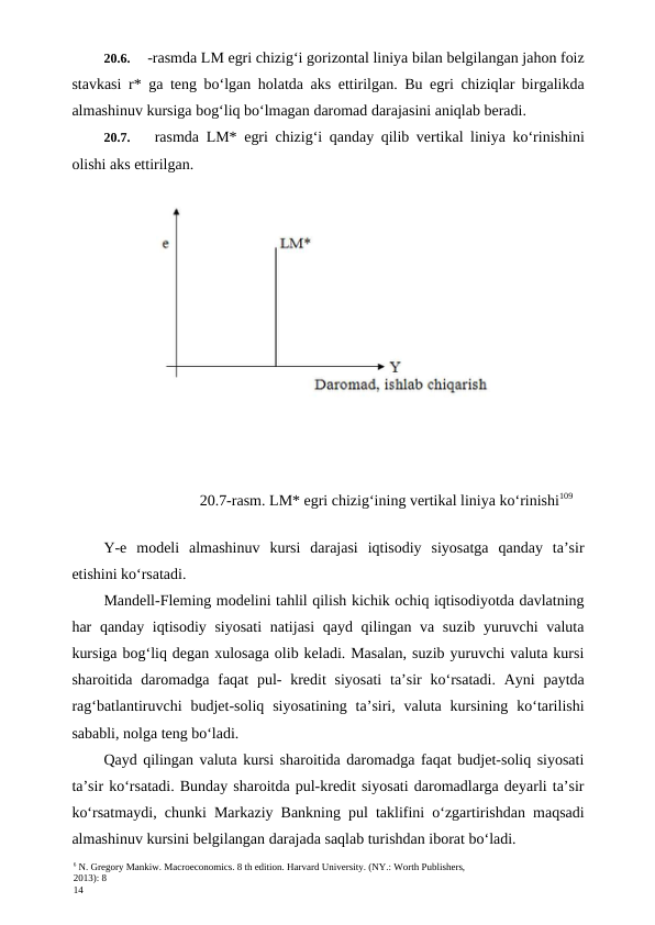 6 N. Gregory Mankiw. Macroeconomics. 8 th edition. Harvard University. (NY.: Worth Publishers,
2013): 8
14
20.6.
-rasmda LM egri chizig‘i gorizontal liniya bilan belgilangan jahon foiz
stavkasi r* ga teng bo‘lgan holatda aks ettirilgan. Bu egri chiziqlar birgalikda
almashinuv kursiga bog‘liq bo‘lmagan daromad darajasini aniqlab beradi.
20.7.
 rasmda LM* egri chizig‘i qanday qilib vertikal liniya ko‘rinishini
olishi aks ettirilgan.
20.7-rasm. LM* egri chizig‘ining vertikal liniya ko‘rinishi109
Y-e  modeli  almashinuv  kursi  darajasi  iqtisodiy  siyosatga  qanday  ta’sir
etishini ko‘rsatadi.
Mandell-Fleming modelini tahlil qilish kichik ochiq iqtisodiyotda davlatning
har qanday iqtisodiy siyosati  natijasi  qayd qilingan va suzib yuruvchi valuta
kursiga bog‘liq degan xulosaga olib keladi. Masalan, suzib yuruvchi valuta kursi
sharoitida daromadga faqat  pul-  kredit  siyosati  ta’sir  ko‘rsatadi.  Ayni  paytda
rag‘batlantiruvchi  budjet-soliq  siyosatining  ta’siri, valuta  kursining  ko‘tarilishi
sababli, nolga teng bo‘ladi.
Qayd qilingan valuta kursi sharoitida daromadga faqat budjet-soliq siyosati
ta’sir ko‘rsatadi. Bunday sharoitda pul-kredit siyosati daromadlarga deyarli ta’sir
ko‘rsatmaydi, chunki Markaziy Bankning pul taklifini o‘zgartirishdan maqsadi
almashinuv kursini belgilangan darajada saqlab turishdan iborat bo‘ladi.
