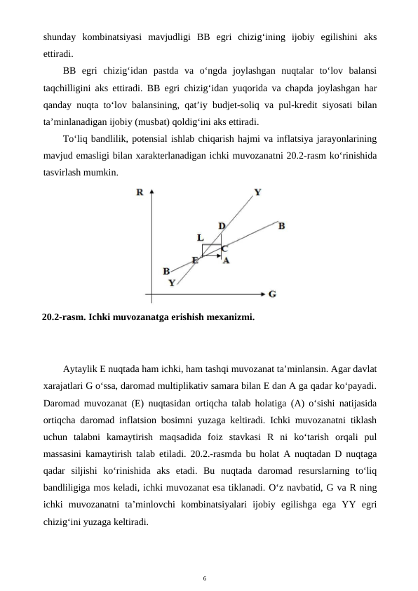 6
shunday  kombinatsiyasi  mavjudligi  BB  egri  chizig‘ining  ijobiy  egilishini  aks
ettiradi.
BB  egri  chizig‘idan  pastda  va  o‘ngda  joylashgan  nuqtalar  to‘lov  balansi
taqchilligini aks ettiradi. BB egri chizig‘idan yuqorida va chapda joylashgan har
qanday nuqta to‘lov balansining, qat’iy budjet-soliq va pul-kredit siyosati bilan
ta’minlanadigan ijobiy (musbat) qoldig‘ini aks ettiradi.
To‘liq bandlilik, potensial ishlab chiqarish hajmi va inflatsiya jarayonlarining
mavjud emasligi bilan xarakterlanadigan ichki muvozanatni 20.2-rasm ko‘rinishida
tasvirlash mumkin.
Aytaylik E nuqtada ham ichki, ham tashqi muvozanat ta’minlansin. Agar davlat
xarajatlari G o‘ssa, daromad multiplikativ samara bilan E dan A ga qadar ko‘payadi.
Daromad muvozanat (E) nuqtasidan ortiqcha talab holatiga (A) o‘sishi natijasida
ortiqcha daromad inflatsion bosimni yuzaga keltiradi. Ichki muvozanatni tiklash
uchun  talabni  kamaytirish  maqsadida  foiz  stavkasi  R  ni  ko‘tarish  orqali  pul
massasini kamaytirish talab etiladi. 20.2.-rasmda bu holat A nuqtadan D nuqtaga
qadar  siljishi  ko‘rinishida  aks  etadi.  Bu  nuqtada  daromad  resurslarning  to‘liq
bandliligiga mos keladi, ichki muvozanat esa tiklanadi. O‘z navbatid, G va R ning
ichki  muvozanatni  ta’minlovchi  kombinatsiyalari  ijobiy  egilishga  ega  YY  egri
chizig‘ini yuzaga keltiradi.
20.2-rasm. Ichki muvozanatga erishish mexanizmi.
