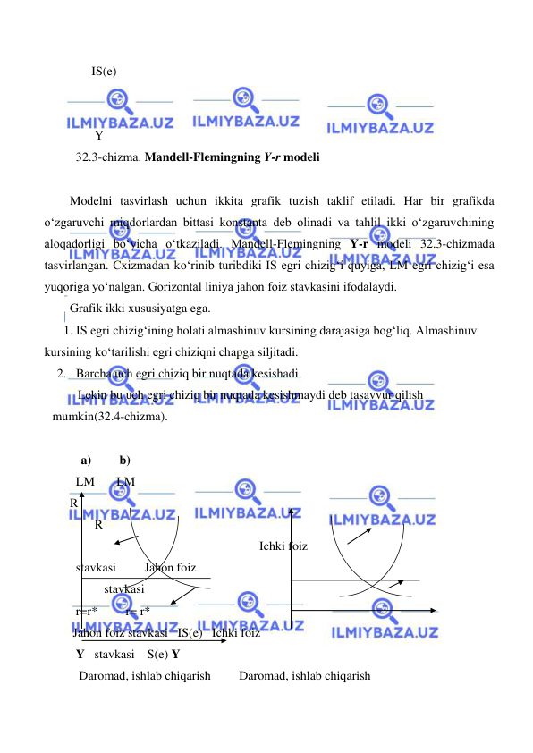  
 
 
       IS(e) 
 
         
        Y 
  32.3-chizma. Mandell-Flemingning Y-r modeli 
 
Modelni tasvirlash uchun ikkita grafik tuzish taklif etiladi. Har bir grafikda 
oʻzgaruvchi miqdorlardan bittasi konstanta deb olinadi va tahlil ikki oʻzgaruvchining 
aloqadorligi boʻyicha oʻtkaziladi. Mandell-Flemingning Y-r modeli 32.3-chizmada 
tasvirlangan. Cxizmadan koʻrinib turibdiki IS egri chizigʻi quyiga, LM egri chizigʻi esa 
yuqoriga yoʻnalgan. Gorizontal liniya jahon foiz stavkasini ifodalaydi. 
Grafik ikki xususiyatga ega. 
1. IS egri chizigʻining holati almashinuv kursining darajasiga bogʻliq. Almashinuv 
kursining koʻtarilishi egri chiziqni chapga siljitadi. 
2. Barcha uch egri chiziq bir nuqtada kesishadi. 
Lekin bu uch egri chiziq bir nuqtada kesishmaydi deb tasavvur qilish 
mumkin(32.4-chizma). 
  
 a)         b) 
  LM       LM 
R        
        R                    
 Ichki foiz  
  stavkasi         Jahon foiz   
           stavkasi       
  r=r*         r= r* 
 Jahon foiz stavkasi   IS(e)   Ichki foiz      
  Y   stavkasi    S(e) Y 
   Daromad, ishlab chiqarish         Daromad, ishlab chiqarish 
 
