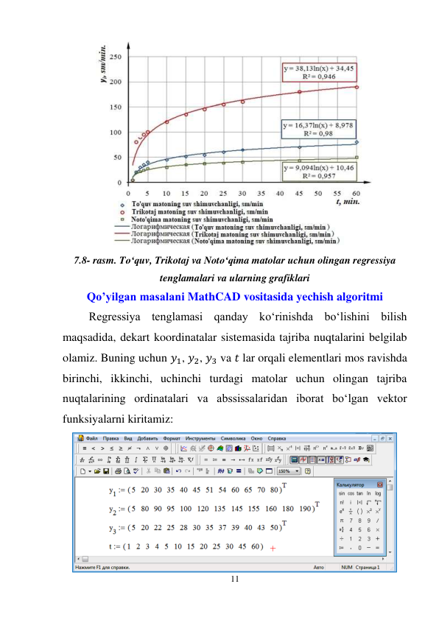 11 
 
 
7.8- rasm. To‘quv, Trikotaj va Noto‘qima matolar uchun olingan regressiya 
tenglamalari va ularning grafiklari 
Qo’yilgan masalani MathCAD vositasida yechish algoritmi 
Regressiya tenglamasi qanday ko‘rinishda bo‘lishini bilish 
maqsadida, dekart koordinatalar sistemasida tajriba nuqtalarini belgilab 
olamiz. Buning uchun 𝑦1, 𝑦2, 𝑦3 va 𝑡 lar orqali elementlari mos ravishda 
birinchi, ikkinchi, uchinchi turdagi matolar uchun olingan tajriba 
nuqtalarining ordinatalari va abssissalaridan iborat bo‘lgan vektor 
funksiyalarni kiritamiz: 
 
