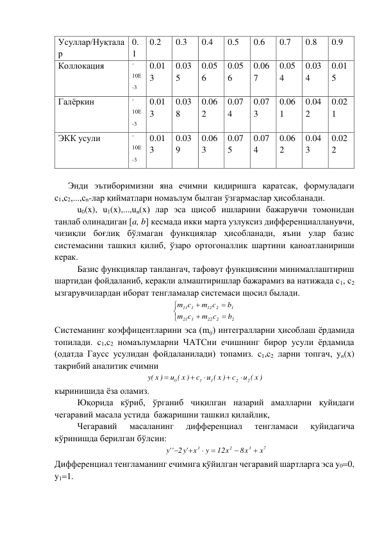 Усуллар/Нуқтала
р  
0.
1 
0.2 
0.3 
0.4 
0.5 
0.6 
0.7 
0.8 
0.9 
Коллокация  
-
10Е
-3 
0.01
3 
0.03
5 
0.05
6 
0.05
6 
0.06
7 
0.05
4 
0.03
4 
0.01
5 
Галёркин 
-
10Е
-3 
0.01
3 
0.03
8 
0.06
2 
0.07
4 
0.07
3 
0.06
1 
0.04
2 
0.02
1 
ЭКК усули 
-
10Е
-3 
0.01
3 
0.03
9 
0.06
3 
0.07
5 
0.07
4 
0.06
2 
0.04
3 
0.02
2 
 
      Энди эътиборимизни яна ечимни қидиришга қаратсак, формуладаги 
с1,с2,...,сn-лар қийматлари номаълум былган ўзгармаслар ҳисобланади. 
u0(x), u1(x),...,un(x) лар эса щисоб ишларини бажарувчи томонидан 
танлаб олинадиган [a, b] кесмада икки марта узлуксиз дифференциалланувчи, 
чизиқли боғлиқ бўлмаган функциялар ҳисобланади, яъни улар базис 
системасини ташкил қилиб, ўзаро ортогоналлик шартини қаноатланириши 
керак.  
Базис функциялар танлангач, тафовут функциясини минималлаштириш 
шартидан фойдаланиб, керакли алмаштиришлар бажарамиз ва натижада с1, с2 
ызгарувчилардан иборат тенгламалар системаси щосил былади. 







2
2
22
1
21
1
2
12
1
11
b
m c
c
m
b
m c
m c
 
Системанинг коэффицентларини эса (mij) интегралларни ҳисоблаш ёрдамида 
топилади. c1,c2 номаълумларни ЧАТСни ечишнинг бирор усули ёрдамида 
(одатда Гаусс усулидан фойдаланилади) топамиз. c1,c2 ларни топгач, yn(x) 
тақрибий аналитик ечимни  
u ( x )
c
u ( x )
c
u ( x )
x )
(y
2
2
1
1
0





 
кыринишида ёза оламиз. 
Юқорида кўриб, ўрганиб чиқилган назарий амалларни қуйидаги 
чегаравий масала устида  бажаришни ташкил қилайлик, 
Чегаравий 
масаланинг 
дифференциал 
тенгламаси 
қуйидагича 
кўринишда берилган бўлсин: 
7
3
2
3
x
8x
12x
y
x
2 'y
''y






 
Дифференциал тенгламанинг ечимига қўйилган чегаравий шартларга эса y00, 
y11. 
