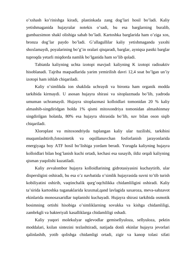 o’xshash  ko’rinishga  kiradi,  plastinkada  zang  dog’lari  hosil  bo’ladi.  Kaliy
yetishmaganida  hujayralar  notekis  o’sadi,  bu  esa  barglarning  buralib,
gumbazsimon shakl olishiga sabab bo’ladi. Kartoshka barglarida ham o’ziga xos,
bronza  dog’lar  paydo  bo’ladi.  G’allagullilar  kaliy  yetishmaganda  yaxshi
shoxlamaydi, poyalarining bo’g’in oralari qisqaradi, barglar, ayniqsa pastki barglar
tuproqda yetarli miqdorda namlik bo’lganida ham so’lib qoladi.
Tabiatda  kaliyning  uchta  izotopi  mavjud:  kaliyning  K  izotopi  radioaktiv
hisoblanadi. Tajriba maqsadlarida yarim yemirilish davri 12,4 soat bo’lgan un’iy
izotopi ham ishlab chiqariladi.
Kaliy  o’simlikda  ion  shaklida  uchraydi  va  bironta  ham  organik  modda
tarkibida kirmaydi. U asosan hujayra shirasi  va sitoplazmada  bo’lib, yadroda
umuman uchramaydi. Hujayra  sitoplazmasi  kolloidlari  tomonidan 20 %  kaliy
almashib-singdiridgan  holda  1%  qismi  mitoxondriya  tomonidan  almashinmay
singdirilgan  holatda,  80%  esa  hujayra  shirasida  bo’lib,  suv  bilan  oson  siqib
chiqariladi.
Xloroplast  va  mitoxondriyda  tuplangan  kaliy  ular  tuzilishi,  tarkibini
muqumlashtirib,fotosintetik  va  oqsillanuvchan  fosforlanish  jarayonlarida
energiyaga boy ATF hosil bo’lishiga yordam beradi. Yorugda kaliyning hujayra
kolloidlari bilan bog’lanish kuchi ortadi, kechasi esa susayib, ildiz orqali kaliyning
qisman yuqolishi kuzatiladi.
Kaliy avvalombor hujayra kolloidlarining gidrotasiyasini  kuchaytirib, ular
dispersligini oshiradi, bu esa o’z navbatida o’simlik hujayrasida suvni to’tib turish
kobiliyatini oshirib, vaqtinchalik qurg’oqchilikka chidamliligini oshiradi. Kaliy
ta’sirida kartoshka tuganaklarida kraxmal,qand lavlagida saxaroza, meva-sabzavot
ekinlarida monosaxaridlar tuplanishi kuchayadi. Hujayra shirasi tarkibida osmotik
bosimning  ortishi  hisobiga  o’simliklarning  sovukka  va  kishga  chidamliligi,
zambrkgli va bakteriyali kasalliklarga chidamliligi oshadi.
Kaliy  yuqori  molekulyar  uglevodlar  gemisellyuloza,  sellyuloza,  pektin
moddalari, ksilan sintezini tezlashtiradi, natijada donli ekinlar hujayra jevorlari
qalinlashib,  yotib  qolishga  chidamligi  ortadi,  zigir  va  kanop  tolasi  sifati
