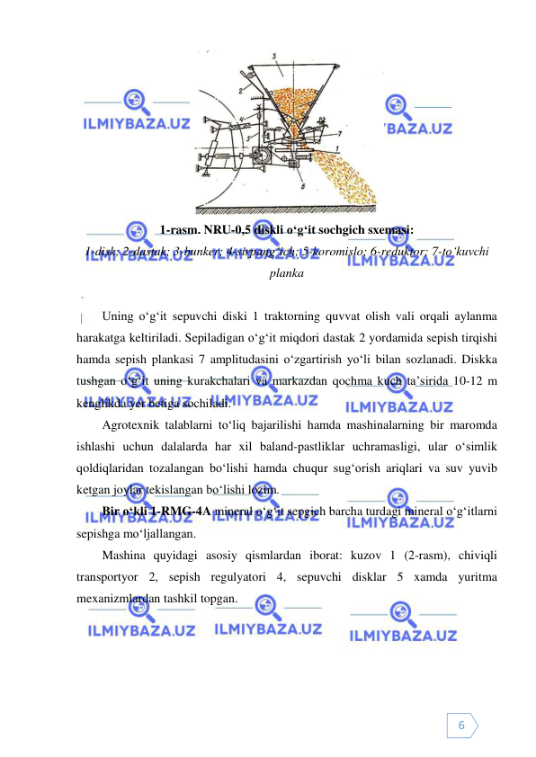  
 
6 
 
1-rasm. NRU-0,5 diskli o‘g‘it sochgich sxemasi: 
1-disk; 2-dastak; 3-bunker; 4-sirpang‘ich; 5-koromislo; 6-reduktor; 7-to‘kuvchi 
planka 
     
Uning o‘g‘it sepuvchi diski 1 traktorning quvvat olish vali orqali aylanma 
harakatga keltiriladi. Sepiladigan o‘g‘it miqdori dastak 2 yordamida sepish tirqishi 
hamda sepish plankasi 7 amplitudasini o‘zgartirish yo‘li bilan sozlanadi. Diskka 
tushgan o‘g‘it uning kurakchalari va markazdan qochma kuch ta’sirida 10-12 m 
kenglikda yer betiga sochiladi. 
Agrotexnik talablarni to‘liq bajarilishi hamda mashinalarning bir maromda 
ishlashi uchun dalalarda har xil baland-pastliklar uchramasligi, ular o‘simlik 
qoldiqlaridan tozalangan bo‘lishi hamda chuqur sug‘orish ariqlari va suv yuvib 
ketgan joylar tekislangan bo‘lishi lozim. 
Bir o‘kli 1-RMG-4A mineral o‘g‘it sepgich barcha turdagi mineral o‘g‘itlarni 
sepishga mo‘ljallangan. 
Mashina quyidagi asosiy qismlardan iborat: kuzov 1 (2-rasm), chiviqli 
transportyor 2, sepish regulyatori 4, sepuvchi disklar 5 xamda yuritma 
mexanizmlardan tashkil topgan.  
