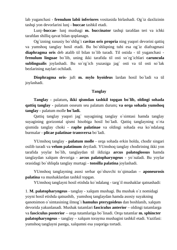 lab yuganchasi - frenulum labii inferiores vositasida birlashadi. Og`iz daxlizinin
tashqi yon devorlarini lunj - buccae tashkil etadi. 
Lunj–buccae-  lunj  mushagi  m.  buccinator tashqi  tarafdan  teri  va  ichki
tarafdan shilliq qavat bilan qoplanagn.
Og`izning xususiy bo`shlig`i cavitas oris propria ning yuqori devorini qattiq
va  yumshoq  tanglay  hosil  etadi.  Bu  bo`shliqning  tubi  esa  og`iz  diafragmasi
diaphragma oris deb atalib til bilan to`lib turadi. Til ostida - til yuganchasi -
frenulum  linguae bo`lib,  uning  ikki  tarafida  til  osti  so`rg`ichlari  caruncula
sublingualis joylashadi.  Bu  so`rg`ich  yuzasiga  jag`  osti  va  til  osti  so`lak
bezlarining naylari ochiladi. 
Diophragma  oris-  juft  m.  mylo  hyoideus lardan  hosil  bo`ladi  va  til
joylashadi.
Tanglay
Tanglay -  palatum, ikki qismdan tashkil topgan bo`lib, oldingi sohada
qattiq tanglay - palatum osseum seu palatum durum; va orqa sohada yumshoq
tanglay - palatum molle bo`ladi. 
Qattiq  tanglay  yuqori  jag`  suyagining  tanglay  o`simtasi  hamda  tanglay
suyagining  gorizontal  qismi  hisobiga  hosil  bo`ladi.  Qattiq  tanglayning  o`rta
qismida  tanglay  choki  -  raphe  palatinae va  oldingi  sohada  esa  ko`ndalang
burmalar - plicae palatinae transversa bo`ladi. 
YUmshoq tanglay - palatum molle - orqa sohada erkin holda, chodir singari
osilib turadi va velum palatinum deyiladi. YUmshoq tanglay chodirining ikki yon
tarafida  yoylar  bo`lib,  tanglaydan  til  ildiziga  arcus  palatoglossus  hamda
tanglaydan xalqum devoriga - arcus palatopharyngeus  - yo`naladi. Bu yoylar
orasidagi bo`shliqda tanglay murtagi - tonsilla palatina joylashadi. 
YUmshoq tanglayning asosi serbar qo`shuvchi to`qimadan –  aponeurosis
palatina va mushaklardan tashkil topgan.  
YUmshoq tanglayni hosil etishda ko`ndalang - targ`il mushaklar qatnashadi: 
1. M. palatopharyngeus - tanglay - xalqum mushagi. Bu mushak o`z nomidagi 
yoyni hosil etishda qatnashib,  yumshoq tanglaydan hamda asosiy suyakning 
qanotsimon o`simtasining ilmog`i hamulus pterygoideus dan boshlanib, xalqum 
devorida yakunlanadi. Mushak tutamlari fasciculus anterior – oldingi tutamlarga 
va fasciculus posterior – orqa tutamlariga bo`linadi. Orqa tutamlar m. sphincter 
palatopharyngeus – tanglay – xalqum torayma mushagini tashkil etadi. Vazifasi: 
yumshoq tanglayni pastga, xalqumni esa yuqoriga tortadi.
