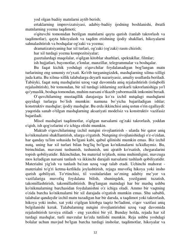  
12 
 
 
 
yod olgan badiiy matnlarni aytib berish; 
ertaklarning improvizatsiyasi, adabiy-badiiy ijodning boshlanishi, ibratli 
matnlarning yozma taqdimoti; 
o'qituvchi tomonidan berilgan matnlarni qayta qurish (tanlab takrorlash va 
taqdimotlar), qayta hikoyalash va taqdim etishning ijodiy shakllari, hikoyalarni 
sahnalashtirish va boshqalar og'zaki va yozma; 
dramatizatsiyaning har xil turlari, og'zaki (og'zaki) rasm chizish; 
har xil turdagi yozma kompozitsiyalar; 
gazetalardagi maqolalar, o'qilgan kitoblar sharhlari, spektakllar, filmlar; 
ish hujjatlari, bayonotlar, e'lonlar, manzillar, telegrammalar va boshqalar. 
Bu faqat kichik yoshdagi o'quvchilar foydalanadigan bog'langan matn 
turlarining eng umumiy ro'yxati. Ko'rib turganingizdek, mashqlarning xilma-xilligi 
juda katta. Bu xilma-xillik talabalarga deyarli nazariyasiz, amaliy usullarda beriladi. 
Tabiiyki, faqat nutq mashqlarini uzoq vaqt davomida aniq rejalashtirish (istiqbolli 
rejalashtirish), bir tomondan, bir xil turdagi ishlarning zerikarli takrorlanishiga yo'l 
qo'ymaslik, boshqa tomondan, muhim narsani o'tkazib yubormaslik imkonini beradi. 
O`quvchilarning mustaqillik darajasiga ko`ra izchil nutqdagi mashqlarni 
quyidagi turlarga bo`lish mumkin: namuna bo`yicha bajariladigan ishlar; 
konstruktiv mashqlar; ijodiy mashqlar. Bu erda ikkinchisi aniq ustun o'rin egallaydi: 
yuqorida sanab o'tilgan mashqlarning aksariyati modelsiz va konstruktiv vazifasiz 
bajariladi. 
Misol mashqlari taqdimotlar, o'qilgan narsalarni og'zaki takrorlash, yoddan 
o'qish, ish qog'ozlarini o'z ichiga olishi mumkin. 
Maktab o'quvchilarining izchil nutqini rivojlantirish - ularda bir qator aniq 
ko'nikmalarni shakllantirish, ularga o'rgatish. Nutqning rivojlanishidagi o'z-o'zidan, 
har qanday ta'lim sohasida bo'lgani kabi, qabul qilinishi mumkin emas. Biz izchil 
nutq, uning har xil turlari bilan bog'liq bo'lgan ko'nikmalarni ta'kidlaymiz. Bu, 
birinchidan, mavzuni tushunish, tushunish, uni ajratib ko'rsatish, chegaralarini 
topish qobiliyatidir. Ikkinchidan, bu material to'plash, nima muhimligini, mavzuga 
mos keladigan narsani tanlash va ikkinchi darajali narsalarni tashlash qobiliyatidir. 
Materialni yig'ish va tanlash ba'zan uzoq vaqt talab etadi. Uchinchi mahorat - 
materialni to'g'ri ketma-ketlikda joylashtirish, rejaga muvofiq hikoya yoki insho 
qurish qobiliyati. To‘rtinchisi, til vositalaridan so‘zning adabiy me’yor va 
vazifalariga 
muvofiq 
foydalana 
bilish, 
shuningdek, 
yozilganni 
tuzatish, 
takomillashtirish, takomillashtirish. Bog'langan matndagi har bir mashq ushbu 
ko'nikmalarning barchasidan foydalanishni o'z ichiga oladi. Ammo bir vaqtning 
o'zida barcha ko'nikmalarni bir xil darajada o'rgatish mumkin emas. Shu sababli, 
talabalar qandaydir izchil matn tuzadigan har bir darsda, u taqdimot yoki takrorlash, 
hikoya yoki insho, xat yoki o'qilgan kitobga taqriz bo'ladimi, o'quv vazifasi aniq 
belgilanishi kerak. Talabalarning nutqini rivojlantirishni uzoq vaqt davomida 
rejalashtirish tavsiya etiladi - eng yaxshisi bir yil. Bunday holda, rejada har xil 
turdagi mashqlar, turli mavzular ko'zda tutilishi mumkin. Reja ushbu yoshdagi 
bolalar uchun mavjud bo'lgan barcha turdagi insholar, taqdimotlar, hikoyalar va 
