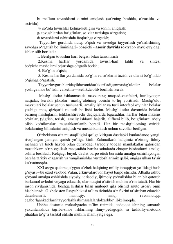  
15 
 
 
 
b/ ma’lum tovushlarni o‘rnini aniqlash (so‘zning boshida, o‘rtasida va 
oxirida); 
 v/ so‘zda tovushlar ketma-ketligini va sonini aniqlash; 
g/ tovushlardan bo‘g‘inlar, so‘zlar tuzishga o‘rgatish;  
d/ tovushlarni eshitishda farqlashga o‘rgatish; 
  Tayyorlov guruhida nutq, o‘qish va savodga tayyorlash yo‘nalishining 
savodga o‘rgatish bo‘limining 2- bosqichi - asosiy davrida (oktyabr- may) quyidagi 
ishlar olib boriladi: 
1. Berilgan tovushni harf belgisi bilan tanishtirish 
 2.Kesma 
harflar 
yordamida 
tovush-harf 
tahlil 
va 
sintezi 
bo‘yicha mashqlarni bajarishga o‘rgatib borish; 
 4. Bo‘g‘in o‘qish; 
 5. Kesma harflar yordamida bo‘g‘in va so‘zlarni tuzish va ularni bo‘g‘inlab 
o‘qishga o‘rgatish. 
 Tayyorlovguruhlaridayildavomidao‘tkaziladiganmashg‘ulotlar 
bolalar 
yoshiga mos bo‘lishi va ketma—ketlikda olib borilishi kerak. 
  Mashg‘ulotlar ishlanmasida mavzuning maqsad-vazifalari, kutilayotgan 
natijalar, kerakli jihozlar, mashg‘ulotning borishi to‘liq yoritiladi. Mashg‘ulot 
mavzulari bolalar uchun tushunarli, amaliy ishlar va turli interfaol o‘yinlar bolalar 
yoshiga mos, qiziqarli va turli bo‘lishi lozim. Mashg‘ulotlar davomida bolalar 
barmoq mashqlarini tetiklashtiruvchi daqiqalarda bajaradilar, harflar bilan maxsus 
o‘yinlar, (yig‘ish, terish), amaliy ishlarni bajarib, alifbeni bilib, bo‘g‘inlarni o‘qiy 
olish ko‘nikmalari mustahkamlanib boradi. Har bir mashg‘ulotning oxirida 
bolalarning bilimlarini aniqlash va mustahkamlash uchun savollar berilgan. 
O‘zbekiston o‘z mustaqilligini qo‘lga kiritgan dastlabki kunlardanoq yangi, 
rivojlangan jamiyat qurish yo‘liga kirdi. Zahmatkash halqimiz o‘zining fidoiy 
mehnati va tinch hayoti bilan dunyodagi taraqqiy topgan mamlakatlar qatoridan 
mustahkam o‘rin egallash maqsadida barcha sohalarda chuqur islohotlarni amalga 
oshira boshladi. Kelajagi buyuk davlat barpo etish borasida amalga oshirilayotgan 
barcha tarixiy o‘zgarish va yangilanishlar yurtdoshlarimiz qalbi, ongiga ulkan ta’sir 
ko‘rsatmoqda.     
XXI asrga qadam qo‘ygan o‘zbek halqining milliy taraqqiyot yo‘lidagi bosh 
g‘oyasi – bu ozod va obod Vatan, erkinvafarovon hayot barpo etishdir. Albatta ushbu 
g‘oyani amalga oshirishda siyosiy, iqtisodiy, ijtimoiy yo‘nalishlar bilan bir qatorda 
barkamol avlodni voyaga etkazish, ular nutqini o‘stirish muhim o‘rin tutadi. Har bir 
inson rivjlanishida, boshqa kishilar bilan muloqot qila olishid anutq asosiy omil 
hisoblanadi. O‘zbekiston Respublikasi ta’lim tizimida o‘z fikrini ta’sirchan etkazish 
datushunarli, 
mantiqiy, 
aniq, 
ravonnutqqa 
egabo‘lgankadrlarnitayyorlashkabimasalalardolzarbbo‘libkelmoqda. 
Ushbu dasturda maktabgacha ta’lim tizimida, tadqiqot ishining samarali 
yakunlanishida tajriba-sinov ishlarining ilmiy-pedagogik va tashkiliy-metodik 
jihatdan to‘g‘ri tashkil etilishi muhim ahamiyatga ega. 
