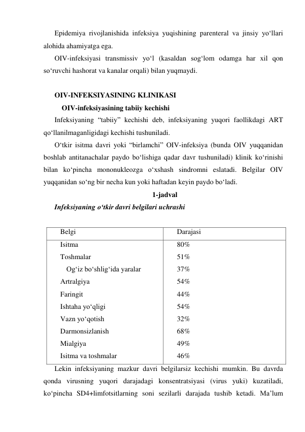Epidemiya rivojlanishida infeksiya yuqishining parenteral va jinsiy yo‘llari 
alohida ahamiyatga ega.  
OIV-infeksiyasi transmissiv yo‘l (kasaldan sog‘lom odamga har xil qon 
so‘ruvchi hashorat va kanalar orqali) bilan yuqmaydi. 
 
OIV-INFEKSIYASINING KLINIKASI 
 OIV-infeksiyasining tabiiy kechishi 
Infeksiyaning “tabiiy” kechishi deb, infeksiyaning yuqori faollikdagi ART 
qo‘llanilmaganligidagi kechishi tushuniladi. 
O‘tkir isitma davri yoki “birlamchi” OIV-infeksiya (bunda OIV yuqqanidan 
boshlab antitanachalar paydo bo‘lishiga qadar davr tushuniladi) klinik ko‘rinishi 
bilan ko‘pincha mononukleozga o‘xshash sindromni eslatadi. Belgilar OIV 
yuqqanidan so‘ng bir necha kun yoki haftadan keyin paydo bo‘ladi.  
  
 
 
 
 
1-jadval 
Infeksiyaning o‘tkir davri belgilari uchrashi 
 
Belgi 
Darajasi 
Isitma 
Toshmalar 
Og‘iz bo‘shlig‘ida yaralar 
Artralgiya 
Faringit 
Ishtaha yo‘qligi 
Vazn yo‘qotish 
Darmonsizlanish 
Mialgiya 
Isitma va toshmalar 
80% 
51% 
37% 
54% 
44% 
54% 
32% 
68% 
49% 
46% 
Lekin infeksiyaning mazkur davri belgilarsiz kechishi mumkin. Bu davrda 
qonda virusning yuqori darajadagi konsentratsiyasi (virus yuki) kuzatiladi, 
ko‘pincha SD4+limfotsitlarning soni sezilarli darajada tushib ketadi. Ma’lum 

