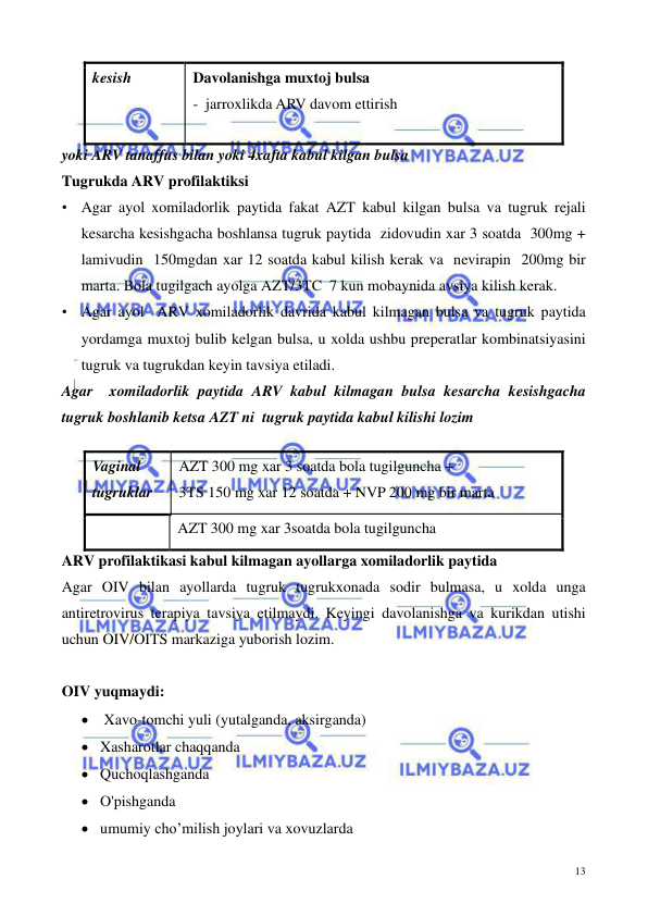  
 
13 
yoki ARV tanaffus bilan yoki 4xafta kabul kilgan bulsa 
Tugrukda ARV profilaktiksi 
• Agar ayol xomiladorlik paytida fakat AZT kabul kilgan bulsa va tugruk rejali 
kesarcha kesishgacha boshlansa tugruk paytida  zidovudin xar 3 soatda  300mg + 
lamivudin  150mgdan xar 12 soatda kabul kilish kerak va  nevirapin  200mg bir 
marta. Bola tugilgach ayolga AZT/3TC  7 kun mobaynida avsiya kilish kerak.   
• Agar ayol  ARV xomiladorlik davrida kabul kilmagan bulsa va tugruk paytida 
yordamga muxtoj bulib kelgan bulsa, u xolda ushbu preperatlar kombinatsiyasini 
tugruk va tugrukdan keyin tavsiya etiladi.  
Agar  xomiladorlik paytida ARV kabul kilmagan bulsa kesarcha kesishgacha 
tugruk boshlanib ketsa AZT ni  tugruk paytida kabul kilishi lozim 
ARV profilaktikasi kabul kilmagan ayollarga xomiladorlik paytida 
Agar OIV bilan ayollarda tugruk tugrukxonada sodir bulmasa, u xolda unga 
antiretrovirus terapiya tavsiya etilmaydi. Keyingi davolanishga va kurikdan utishi 
uchun OIV/OITS markaziga yuborish lozim. 
 
OIV yuqmaydi:  
•  Xavo-tomchi yuli (yutalganda, aksirganda) 
• Xasharotlar chaqqanda  
• Quchoqlashganda   
• O'pishganda  
• umumiy cho’milish joylari va xovuzlarda  
kesish 
Davolanishga muxtoj bulsa  
-  jarroxlikda ARV davom ettirish   
Vaginal 
tugruklar 
AZT 300 mg xar 3 soatda bola tugilguncha +  
3TS 150 mg xar 12 soatda + NVP 200 mg bir marta 
 
AZT 300 mg xar 3soatda bola tugilguncha 
