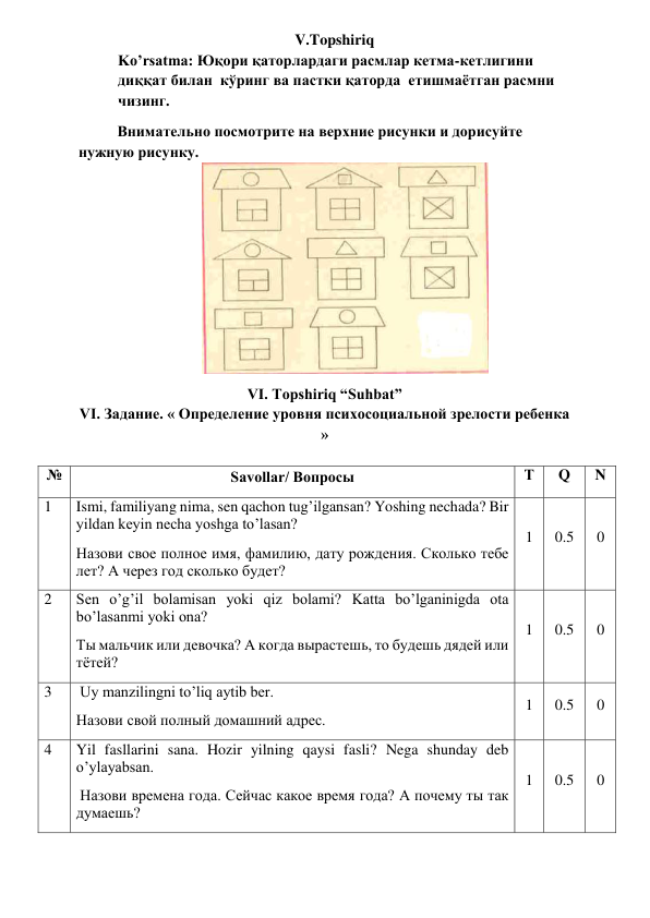 V.Topshiriq   
Ko’rsatma: Юқори қаторлардаги расмлар кетма-кетлигини 
диққат билан  кўринг ва пастки қаторда  етишмаётган расмни 
чизинг.   
Внимательно посмотрите на верхние рисунки и дорисуйте 
нужную рисунку.   
                      
 
VI. Topshiriq “Suhbat” 
VI. Задание. « Определение уровня психосоциальной зрелости ребенка 
» 
 
№ 
Savollar/ Вопросы 
Т 
Q 
N 
1 
Ismi, familiyang nima, sen qachon tug’ilgansan? Yoshing nechada? Bir 
yildan keyin necha yoshga to’lasan?  
Назови свое полное имя, фамилию, дату рождения. Сколько тебе 
лет? А через год сколько будет?  
1 
0.5 
0 
2 
Sen o’g’il bolamisan yoki qiz bolami? Katta bo’lganinigda ota 
bo’lasanmi yoki ona?  
Ты мальчик или девочка? А когда вырастешь, то будешь дядей или 
тётей? 
1 
0.5 
0 
3 
 Uy manzilingni to’liq aytib ber.  
Назови свой полный домашний адрес. 
1 
0.5 
0 
4 
Yil fasllarini sana. Hozir yilning qaysi fasli? Nega shunday deb 
o’ylayabsan. 
 Назови времена года. Сейчас какое время года? А почему ты так 
думаешь?  
1 
0.5 
0 
