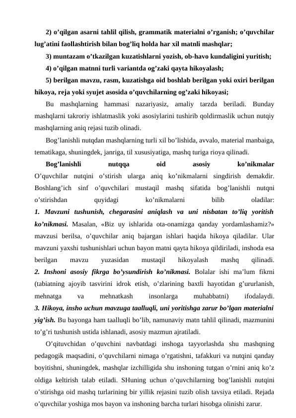 2) o’qilgan asarni tahlil qilish, grammatik materialni o’rganish; o’quvchilar
lug’atini faollashtirish bilan bog’liq holda har xil matnli mashqlar;
3) muntazam o’tkazilgan kuzatishlarni yozish, ob-havo kundaligini yuritish;
4) o’qilgan matnni turli variantda og’zaki qayta hikoyalash;
5) berilgan mavzu, rasm, kuzatishga oid boshlab berilgan yoki oxiri berilgan
hikoya, reja yoki syujet asosida o’quvchilarning og’zaki hikoyasi;
Bu  mashqlarning  hammasi  nazariyasiz,  amaliy  tarzda  beriladi.  Bunday
mashqlarni takroriy ishlatmaslik yoki asosiylarini tushirib qoldirmaslik uchun nutqiy
mashqlarning aniq rejasi tuzib olinadi.
Bog’lanishli nutqdan mashqlarning turli xil bo’lishida, avvalo, material manbaiga,
tematikaga, shuningdek, janriga, til xususiyatiga, mashq turiga rioya qilinadi.
Bog’lanishli
 
nutqqa
 
oid
 
asosiy
 
ko’nikmalar
O’quvchilar  nutqini  o’stirish  ularga  aniq  ko’nikmalarni  singdirish  demakdir.
Boshlang’ich  sinf  o’quvchilari  mustaqil  mashq  sifatida  bog’lanishli  nutqni
o’stirishdan
 
quyidagi
 
ko’nikmalarni
 
bilib
 
oladilar:
1.  Mavzuni  tushunish,  chegarasini  aniqlash  va  uni  nisbatan  to’liq  yoritish
ko’nikmasi. Masalan,  «Biz uy ishlarida ota-onamizga qanday yordamlashamiz?»
mavzusi  berilsa,  o’quvchilar  aniq  bajargan  ishlari  haqida  hikoya  qiladilar.  Ular
mavzuni yaxshi tushunishlari uchun bayon matni qayta hikoya qildiriladi, inshoda esa
berilgan  mavzu  yuzasidan  mustaqil  hikoyalash  mashq  qilinadi.
2.  Inshoni  asosiy  fikrga  bo’ysundirish  ko’nikmasi. Bolalar  ishi  ma’lum  fikrni
(tabiatning ajoyib tasvirini  idrok etish, o’zlarining baxtli  hayotidan g’ururlanish,
mehnatga
 
va
 
mehnatkash
 
insonlarga
 
muhabbatni)
 
ifodalaydi.
3. Hikoya, insho uchun mavzuga taalluqli, uni yoritishga zarur bo’lgan materialni
yig’ish. Bu bayonga ham taalluqli bo’lib, namunaviy matn tahlil qilinadi, mazmunini
to’g’ri tushunish ustida ishlanadi, asosiy mazmun ajratiladi.
O’qituvchidan  o’quvchini  navbatdagi  inshoga  tayyorlashda  shu  mashqning
pedagogik maqsadini, o’quvchilarni nimaga o’rgatishni, tafakkuri va nutqini qanday
boyitishni, shuningdek, mashqlar izchilligida shu inshoning tutgan o’rnini aniq ko’z
oldiga keltirish talab etiladi. SHuning uchun o’quvchilarning bog’lanishli nutqini
o’stirishga oid mashq turlarining bir yillik rejasini tuzib olish tavsiya etiladi. Rejada
o’quvchilar yoshiga mos bayon va inshoning barcha turlari hisobga olinishi zarur.
