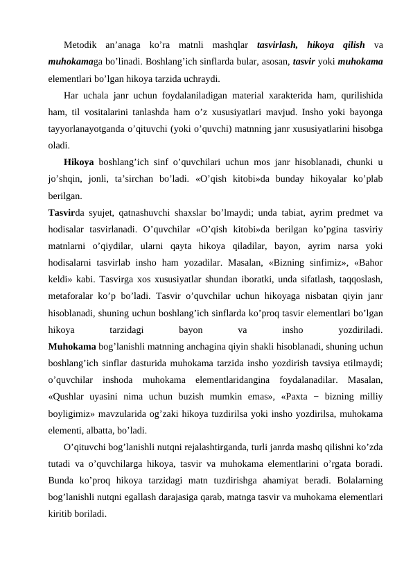 Metodik  an’anaga  ko’ra  matnli  mashqlar  tasvirlash,  hikoya  qilish  va
muhokamaga bo’linadi. Boshlang’ich sinflarda bular, asosan, tasvir yoki muhokama
elementlari bo’lgan hikoya tarzida uchraydi.
Har uchala janr uchun foydalaniladigan material xarakterida ham, qurilishida
ham, til vositalarini tanlashda ham o’z xususiyatlari mavjud. Insho yoki bayonga
tayyorlanayotganda o’qituvchi (yoki o’quvchi) matnning janr xususiyatlarini hisobga
oladi.
Hikoya  boshlang’ich sinf o’quvchilari uchun mos janr hisoblanadi, chunki u
jo’shqin,  jonli,  ta’sirchan  bo’ladi.  «O’qish  kitobi»da  bunday  hikoyalar  ko’plab
berilgan.
Tasvirda syujet, qatnashuvchi shaxslar bo’lmaydi; unda tabiat, ayrim predmet va
hodisalar  tasvirlanadi.  O’quvchilar  «O’qish  kitobi»da  berilgan  ko’pgina  tasviriy
matnlarni  o’qiydilar,  ularni  qayta  hikoya  qiladilar,  bayon,  ayrim  narsa  yoki
hodisalarni  tasvirlab  insho  ham  yozadilar. Masalan,  «Bizning  sinfimiz», «Bahor
keldi» kabi. Tasvirga xos xususiyatlar shundan iboratki, unda sifatlash, taqqoslash,
metaforalar ko’p bo’ladi. Tasvir o’quvchilar uchun hikoyaga nisbatan qiyin janr
hisoblanadi, shuning uchun boshlang’ich sinflarda ko’proq tasvir elementlari bo’lgan
hikoya
 
tarzidagi
 
bayon
 
va
 
insho
 
yozdiriladi.
Muhokama bog’lanishli matnning anchagina qiyin shakli hisoblanadi, shuning uchun
boshlang’ich sinflar dasturida muhokama tarzida insho yozdirish tavsiya etilmaydi;
o’quvchilar  inshoda  muhokama  elementlaridangina  foydalanadilar.  Masalan,
«Qushlar  uyasini  nima  uchun  buzish  mumkin  emas»,  «Paxta  −  bizning  milliy
boyligimiz» mavzularida og’zaki hikoya tuzdirilsa yoki insho yozdirilsa, muhokama
elementi, albatta, bo’ladi.
O’qituvchi bog’lanishli nutqni rejalashtirganda, turli janrda mashq qilishni ko’zda
tutadi va o’quvchilarga hikoya, tasvir va muhokama elementlarini o’rgata boradi.
Bunda  ko’proq  hikoya  tarzidagi  matn  tuzdirishga  ahamiyat  beradi.  Bolalarning
bog’lanishli nutqni egallash darajasiga qarab, matnga tasvir va muhokama elementlari
kiritib boriladi.
                          

