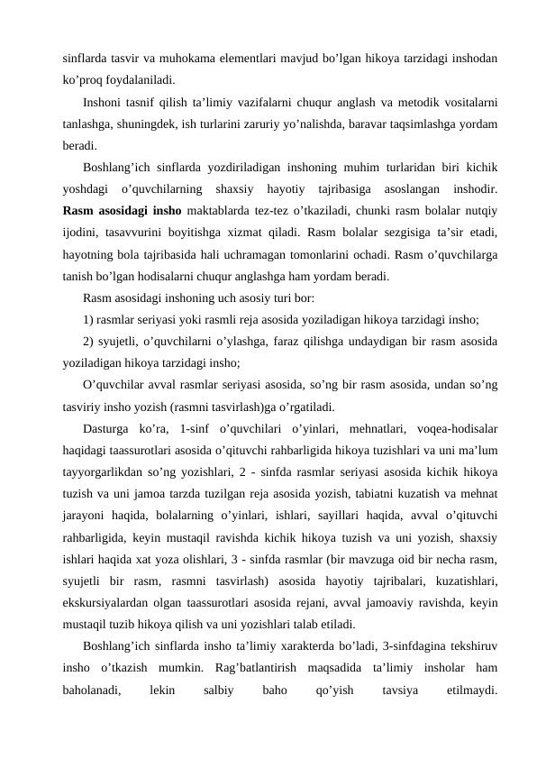 sinflarda tasvir va muhokama elementlari mavjud bo’lgan hikoya tarzidagi inshodan
ko’proq foydalaniladi.
Inshoni tasnif qilish ta’limiy vazifalarni chuqur anglash va metodik vositalarni
tanlashga, shuningdek, ish turlarini zaruriy yo’nalishda, baravar taqsimlashga yordam
beradi.
Boshlang’ich sinflarda yozdiriladigan inshoning muhim turlaridan biri kichik
yoshdagi  o’quvchilarning  shaxsiy  hayotiy  tajribasiga  asoslangan  inshodir.
Rasm asosidagi insho maktablarda tez-tez o’tkaziladi, chunki rasm bolalar nutqiy
ijodini, tasavvurini  boyitishga xizmat qiladi. Rasm  bolalar sezgisiga ta’sir etadi,
hayotning bola tajribasida hali uchramagan tomonlarini ochadi. Rasm o’quvchilarga
tanish bo’lgan hodisalarni chuqur anglashga ham yordam beradi.
Rasm asosidagi inshoning uch asosiy turi bor:
1) rasmlar seriyasi yoki rasmli reja asosida yoziladigan hikoya tarzidagi insho;
2) syujetli, o’quvchilarni o’ylashga, faraz qilishga undaydigan bir rasm asosida
yoziladigan hikoya tarzidagi insho;
O’quvchilar avval rasmlar seriyasi asosida, so’ng bir rasm asosida, undan so’ng
tasviriy insho yozish (rasmni tasvirlash)ga o’rgatiladi.
Dasturga  ko’ra,  1-sinf  o’quvchilari  o’yinlari,  mehnatlari,  voqea-hodisalar
haqidagi taassurotlari asosida o’qituvchi rahbarligida hikoya tuzishlari va uni ma’lum
tayyorgarlikdan so’ng yozishlari, 2 - sinfda rasmlar seriyasi asosida kichik hikoya
tuzish va uni jamoa tarzda tuzilgan reja asosida yozish, tabiatni kuzatish va mehnat
jarayoni  haqida,  bolalarning  o’yinlari,  ishlari,  sayillari  haqida,  avval  o’qituvchi
rahbarligida, keyin mustaqil ravishda kichik hikoya tuzish va uni yozish, shaxsiy
ishlari haqida xat yoza olishlari, 3 - sinfda rasmlar (bir mavzuga oid bir necha rasm,
syujetli  bir  rasm,  rasmni  tasvirlash)  asosida  hayotiy  tajribalari,  kuzatishlari,
ekskursiyalardan olgan taassurotlari asosida rejani, avval jamoaviy ravishda, keyin
mustaqil tuzib hikoya qilish va uni yozishlari talab etiladi.
Boshlang’ich sinflarda insho ta’limiy xarakterda bo’ladi, 3-sinfdagina tekshiruv
insho  o’tkazish  mumkin.  Rag’batlantirish  maqsadida  ta’limiy  insholar  ham
baholanadi,
 
lekin
 
salbiy
 
baho
 
qo’yish
 
tavsiya
 
etilmaydi.
