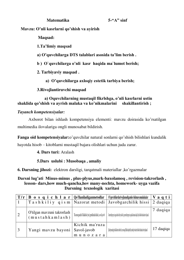                            Matematika                                    5-“A” sinf 
   Mavzu: O’nli kasrlarni qo’shish va ayirish 
 Maqsad: 
1.Ta’limiy maqsad  
a) O’quvchilarga DTS talablari asosida ta’lim berish . 
b )  O`quvchilarga o’nli  kasr  haqida ma`lumot berish; 
2. Tarbiyaviy maqsad . 
                          a)  O’quvchilarga axloqiy estetik tarbiya berish; 
3.Rivojlantiruvchi maqsad  
                         a) Oquvchilarning mustaqil fikrlshga, o’nli kasrlarni ustin        
shaklida qo’shish va ayrish malaka va ko’nikmalarini     shakillantirish ; 
Tayanch kompetensiyalar: 
Axborot bilan ishlash kompetensiya elementi: mavzu doirasida ko’rsatilgan 
multimedia ilovalariga ongli munosabat bildirish. 
Fanga oid kompetensiyalar:o’quvchilar natural sonlarni qo’shish bilishlari kundalik 
hayotda hisob – kitoblarni mustaqil bajara olishlari uchun juda zarur. 
4. Dars turi: Aralash  
5.Dars  uslubi : Musobaqa , amaliy  
6. Darsning jihozi:  elektron darsligi, tarqatmali materiallar ,ko’rgazmalar 
Darsni lug’ati  Minus-minus , plus-plyus,mark-baxolamoq , revision-takrorlash , 
lesson- dars,how much-qancha,hov many-nechta, homework- uyga vazifa           
Darsning  texnologik  xaritasi 
T/ r B o s q i c h l a r Qo'llaniladiganmetodlar 
O'quvchilardarivojlanadiganko'nikmavamalakalar  V a q t i 
1 
T a s h k i l i y  q i s m Nazorat metodi Javobgarchilik hissi 2 daqiqa 
2 
O'tilgan mavzuni takrorlash 
( m u s t a h k a m l a s h ) 
"Kosmosgauchish"didaktiko'yini (guruhlardaishlash), savol-javob 
Geometrikprogressiyagaoidmisollaryechaolish, geometrikprogressiyaqoidalariniamaldaqo'llayolishko'nikmalarinirivojlanadi 
7 daqiqa 
 
3 
Yangi mavzu bayoni 
Kichik ma'ruza 
Savol-javob
m u n o z a r a 
Ijodiymantiqiytafakkurinioshirish, mustaqilfikrlashqobiliyatinirijovlantirishko'nikmalaririvojlanadi  17 daqiqa 
