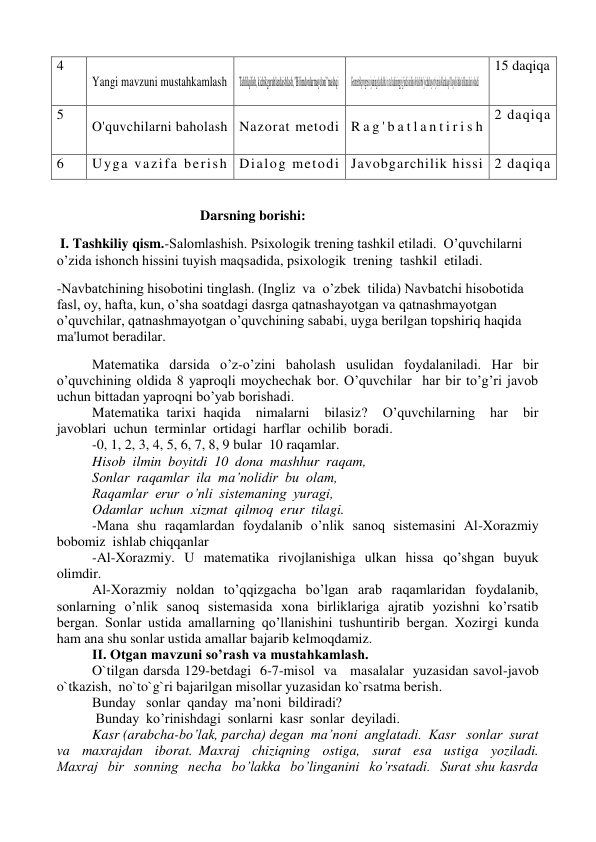 4 
Yangi mavzuni mustahkamlash 
Tahlilqilish, kichikguruhlardaishlash, "Bilimdonlarmaydoni"mashqi 
Geometrikprogressiyaningdastlabki n ta hadiningyig'indisinihisoblashbo'yichahayotiymisollardaqo'llayolishko'nlikmalarioshadi  
15 daqiqa 
 
5 
O'quvchilarni baholash Nazorat metodi R a g ' b a t l a n t i r i s h 
2 daqiqa 
 
6 
Uyga vazifa berish Dialog metodi Javobgarchilik hissi 2 daqiqa 
 
                                         Darsning borishi:  
 I. Tashkiliy qism.-Salomlashish. Psixologik trening tashkil etiladi.  O’quvchilarni 
o’zida ishonch hissini tuyish maqsadida, psixologik  trening  tashkil  etiladi. 
-Navbatchining hisobotini tinglash. (Ingliz  va  o’zbek  tilida) Navbatchi hisobotida 
fasl, oy, hafta, kun, o’sha soatdagi dasrga qatnashayotgan va qatnashmayotgan 
o’quvchilar, qatnashmayotgan o’quvchining sababi, uyga berilgan topshiriq haqida 
ma'lumot beradilar. 
Matematika darsida o’z-o’zini baholash usulidan foydalaniladi. Har bir 
o’quvchining oldida 8 yaproqli moychechak bor. O’quvchilar  har bir to’g’ri javob 
uchun bittadan yaproqni bo’yab borishadi. 
Matematika tarixi haqida  nimalarni  bilasiz?  O’quvchilarning  har  bir  
javoblari  uchun  terminlar  ortidagi  harflar  ochilib  boradi.  
-0, 1, 2, 3, 4, 5, 6, 7, 8, 9 bular  10 raqamlar. 
Hisob  ilmin  boyitdi  10  dona  mashhur  raqam, 
Sonlar  raqamlar  ila  ma’nolidir  bu  olam,  
Raqamlar  erur  o’nli  sistemaning  yuragi, 
Odamlar  uchun  xizmat  qilmoq  erur  tilagi. 
-Mana shu raqamlardan foydalanib o’nlik sanoq sistemasini Al-Xorazmiy  
bobomiz  ishlab chiqqanlar 
-Al-Xorazmiy. U matematika rivojlanishiga ulkan hissa qo’shgan buyuk 
olimdir.  
Al-Xorazmiy noldan to’qqizgacha bo’lgan arab raqamlaridan foydalanib, 
sonlarning o’nlik sanoq sistemasida xona birliklariga ajratib yozishni ko’rsatib 
bergan. Sonlar ustida amallarning qo’llanishini tushuntirib bergan. Xozirgi kunda 
ham ana shu sonlar ustida amallar bajarib kelmoqdamiz. 
 
II. Otgan mavzuni so’rash va mustahkamlash.  
O`tilgan darsda 129-betdagi  6-7-misol  va   masalalar  yuzasidan savol-javob 
o`tkazish,  no`to`g`ri bajarilgan misollar yuzasidan ko`rsatma berish. 
Bunday   sonlar  qanday  ma’noni  bildiradi? 
 Bunday  ko’rinishdagi  sonlarni  kasr  sonlar  deyiladi.   
Kasr (arabcha-bo’lak, parcha) degan  ma’noni  anglatadi.  Kasr   sonlar  surat  
va  maxrajdan  iborat. Maxraj  chiziqning  ostiga,  surat  esa  ustiga  yoziladi.  
Maxraj  bir  sonning  necha  bo’lakka  bo’linganini  ko’rsatadi.  Surat shu kasrda   
