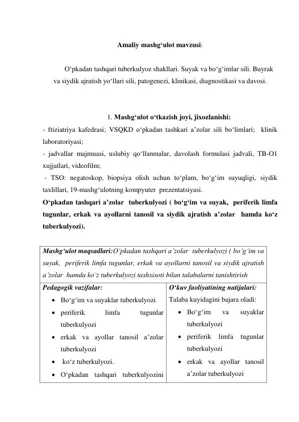  
Amaliy mashg‘ulot mavzusi: 
 
O‘pkadan tashqari tuberkulyoz shakllari. Suyak va bo‘g‘imlar sili. Buyrak 
va siydik ajratish yo‘llari sili, patogenezi, klinikasi, diagnostikasi va davosi. 
 
 
1. Mashg‘ulot o‘tkazish joyi, jixozlanishi: 
- ftiziatriya kafedrasi; VSQKD o‘pkadan tashkari a’zolar sili bo‘limlari;  klinik 
laboratoriyasi; 
- jadvallar majmuasi, uslubiy qo‘llanmalar, davolash formulasi jadvali, TB-O1  
xujjatlari, videofilm; 
 - TSO: negatoskop, biopsiya olish uchun to‘plam, bo‘g‘im suyuqligi, siydik 
taxlillari, 19-mashg‘ulotning kompyuter  prezentatsiyasi. 
O‘pkadan tashqari a’zolar  tuberkulyozi ( bo‘g‘im va suyak,  periferik limfa 
tugunlar, erkak va ayollarni tanosil va siydik ajratish a’zolar  hamda ko‘z 
tuberkulyozi). 
 
Mashg‘ulot maqsadlari:O‘pkadan tashqari a’zolar  tuberkulyozi ( bo‘g‘im va 
suyak,  periferik limfa tugunlar, erkak va ayollarni tanosil va siydik ajratish 
a’zolar  hamda ko‘z tuberkulyozi tashxisoti bilan talabalarni tanishtirish  
Pedagogik vazifalar: 
 Bo‘g‘im va suyaklar tuberkulyozi 
 periferik 
limfa 
tugunlar 
tuberkulyozi  
 erkak va ayollar tanosil a’zolar 
tuberkulyozi 
  ko‘z tuberkulyozi.  
 O‘pkadan tashqari tuberkulyozini 
O‘kuv faoliyatining natijalari: 
Talaba kuyidagini bajara oladi: 
 Bo‘g‘im 
va 
suyaklar 
tuberkulyozi 
 periferik limfa tugunlar 
tuberkulyozi  
 erkak va ayollar tanosil 
a’zolar tuberkulyozi 

