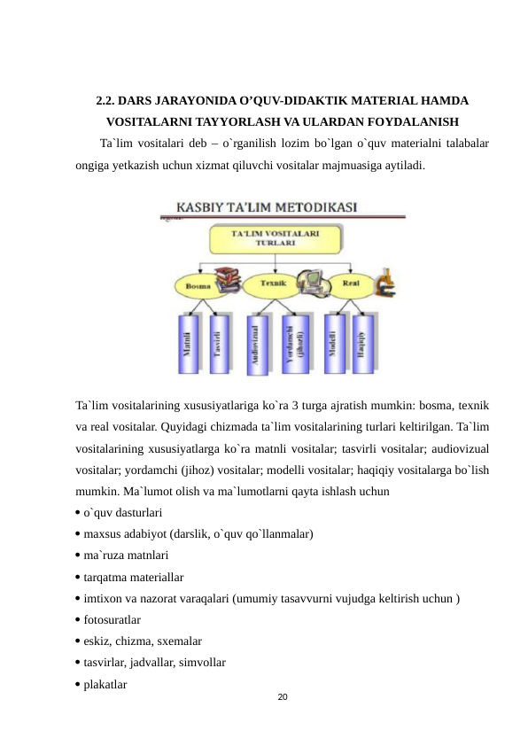 2.2. DARS JARAYONIDA O’QUV-DIDAKTIK MATERIAL HAMDA
VOSITALARNI TAYYORLASH VA ULARDAN FOYDALANISH
     Ta`lim vositalari deb – o`rganilish lozim bo`lgan o`quv materialni talabalar
ongiga yetkazish uchun xizmat qiluvchi vositalar majmuasiga aytiladi. 
Ta`lim vositalarining xususiyatlariga ko`ra 3 turga ajratish mumkin: bosma, texnik
va real vositalar. Quyidagi chizmada ta`lim vositalarining turlari keltirilgan. Ta`lim
vositalarining xususiyatlarga ko`ra matnli vositalar; tasvirli vositalar; audiovizual
vositalar; yordamchi (jihoz) vositalar; modelli vositalar; haqiqiy vositalarga bo`lish
mumkin. Ma`lumot olish va ma`lumotlarni qayta ishlash uchun
 o`quv dasturlari 
 maxsus adabiyot (darslik, o`quv qo`llanmalar) 
 ma`ruza matnlari 
 tarqatma materiallar 
 imtixon va nazorat varaqalari (umumiy tasavvurni vujudga keltirish uchun ) 
 fotosuratlar 
 eskiz, chizma, sxemalar 
 tasvirlar, jadvallar, simvollar 
 plakatlar 
20
