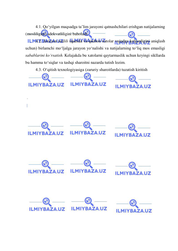  
 
 
4.1. Qo‘yilgan maqsadga ta’lim jarayoni qatnashchilari erishgan natijalarning 
(mosliligini) adekvatliligini baholash. 
4.2. Jarayon taxlili (qaerda va qachon xatolar vujudga kelganligini aniqlash 
uchun) birlamchi mo‘ljalga jarayon yo‘nalishi va natijalarning to‘liq mos emasligi 
sabablarini ko‘rsatish. Kelajakda bu xatolarni qaytarmaslik uchun keyingi sikllarda 
bu hamma to‘siqlar va tashqi sharoitni nazarda tutish lozim.   
4.3. O‘qitish texnologiyasiga (zaruriy sharoitlarda) tuzatish kiritish  
 
