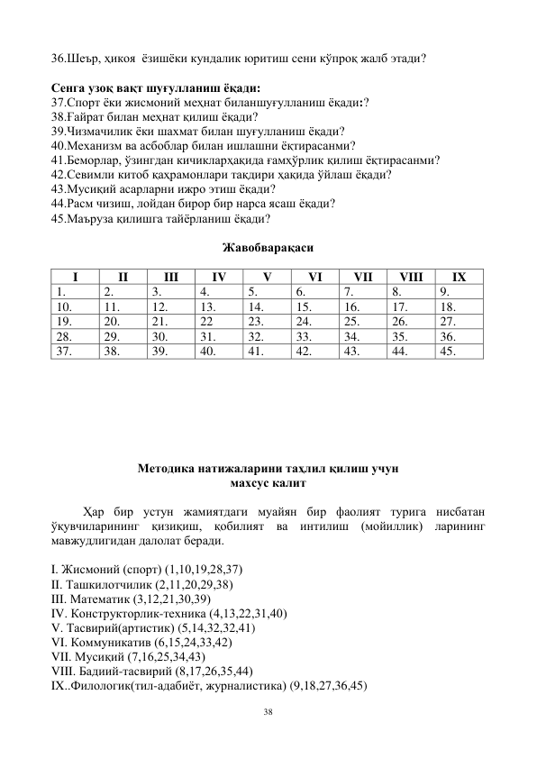 38 
 
36.Шеър, ҳикоя  ёзишёки кундалик юритиш сени кўпроқ жалб этади? 
 
Сенга узоқ вақт шуғулланиш ёқади: 
37.Спорт ёки жисмоний меҳнат биланшуғулланиш ёқади:? 
38.Ғайрат билан меҳнат қилиш ёқади? 
39.Чизмачилик ёки шахмат билан шуғулланиш ёқади? 
40.Механизм ва асбоблар билан ишлашни ёқтирасанми? 
41.Беморлар, ўзингдан кичикларҳақида ғамҳўрлик қилиш ёқтирасанми? 
42.Севимли китоб қаҳрамонлари тақдири ҳақида ўйлаш ёқади? 
43.Мусиқий асарларни ижро этиш ёқади? 
44.Расм чизиш, лойдан бирор бир нарса ясаш ёқади? 
45.Маъруза қилишга тайёрланиш ёқади?  
 
Жавобварақаси 
 
I 
II 
III 
IV 
V 
VI 
VII 
VIII 
IX 
1. 
2. 
3. 
4. 
5. 
6. 
7. 
8. 
9. 
10. 
11. 
12. 
13. 
14. 
15. 
16. 
17. 
18. 
19. 
20. 
21. 
22 
23. 
24. 
25. 
26. 
27. 
28. 
29. 
30. 
31. 
32. 
33. 
34. 
35. 
36. 
37. 
38. 
39. 
40. 
41. 
42. 
43. 
44. 
45. 
 
 
 
 
 
 
 
Методика натижаларини таҳлил қилиш учун  
махсус калит 
 
Ҳар бир устун жамиятдаги муайян бир фаолият турига нисбатан 
ўқувчиларининг қизиқиш, қобилият ва интилиш (мойиллик) ларининг 
мавжудлигидан далолат беради. 
 
I. Жисмоний (спорт) (1,10,19,28,37) 
II. Ташкилотчилик (2,11,20,29,38) 
III. Математик (3,12,21,30,39) 
IV. Конструкторлик-техника (4,13,22,31,40) 
V. Тасвирий(артистик) (5,14,32,32,41) 
VI. Коммуникатив (6,15,24,33,42) 
VII. Мусиқий (7,16,25,34,43)  
VIII. Бадиий-тасвирий (8,17,26,35,44) 
IX..Филологик(тил-адабиёт, журналистика) (9,18,27,36,45) 
