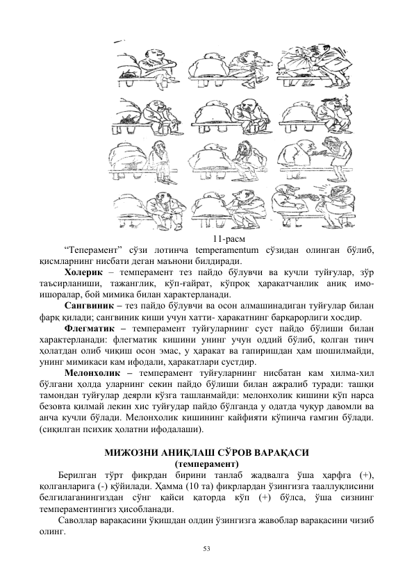 53 
 
                       
 
                                                             11-расм 
“Теперамент” сўзи лотинча temperamentum сўзидан олинган бўлиб, 
қисмларнинг нисбати деган маънони билдиради. 
Холерик – темперамент тез пайдо бўлувчи ва кучли туйғулар, зўр 
таъсирланиши, тажанглик, кўп-ғайрат, кўпроқ ҳаракатчанлик аниқ имо-
ишоралар, бой мимика билан характерланади. 
Сангвиник – тез пайдо бўлувчи ва осон алмашинадиган туйғулар билан 
фарқ қилади; сангвиник киши учун хатти- ҳаракатнинг барқарорлиги хосдир. 
Флегматик – темперамент туйғуларнинг суст пайдо бўлиши билан 
характерланади: флегматик кишини унинг учун оддий бўлиб, қолган тинч 
ҳолатдан олиб чиқиш осон эмас, у ҳаракат ва гапиришдан ҳам шошилмайди, 
унинг мимикаси кам ифодали, ҳаракатлари сустдир. 
Мелонхолик – темперамент туйғуларнинг нисбатан кам хилма-хил 
бўлгани ҳолда уларнинг секин пайдо бўлиши билан ажралиб туради: ташқи 
тамондан туйғулар деярли кўзга ташланмайди: мелонхолик кишини кўп нарса 
безовта қилмай лекин хис туйғудар пайдо бўлганда у одатда чуқур давомли ва 
анча кучли бўлади. Мелонхолик кишининг кайфияти кўпинча ғамгин бўлади. 
(сиқилган психик ҳолатни ифодалаши). 
 
МИЖОЗНИ АНИҚЛАШ СЎРОВ ВАРАҚАСИ 
(темперамент) 
Берилган тўрт фикрдан бирини танлаб жадвалга ўша ҳарфга (+), 
қолганларига (-) қўйилади. Ҳамма (10 та) фикрлардан ўзингизга тааллуқлисини 
белгилаганингиздан сўнг қайси қаторда кўп (+) бўлса, ўша сизнинг 
темпераментингиз ҳисобланади. 
Саволлар варақасини ўқишдан олдин ўзингизга жавоблар варақасини чизиб 
олинг. 
