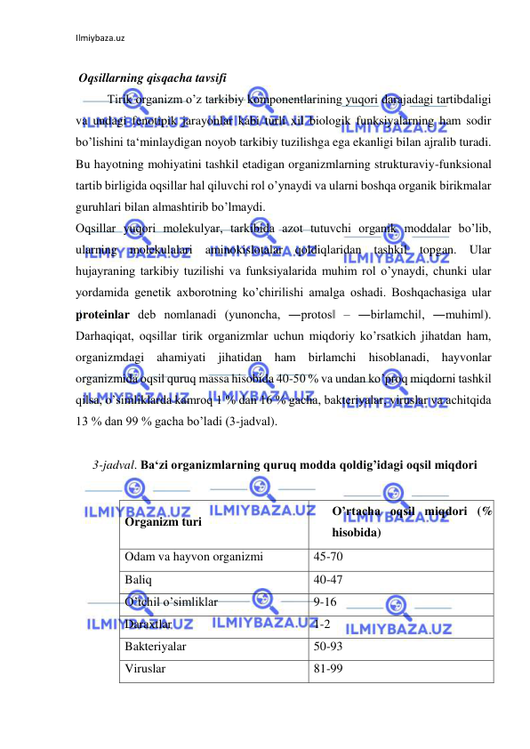 Ilmiybaza.uz 
 
 
 Oqsillarning qisqacha tavsifi  
Tirik organizm o’z tarkibiy komponentlarining yuqori darajadagi tartibdaligi 
va undagi fenotipik jarayonlar kabi turli xil biologik funksiyalarning ham sodir 
bo’lishini ta‘minlaydigan noyob tarkibiy tuzilishga ega ekanligi bilan ajralib turadi. 
Bu hayotning mohiyatini tashkil etadigan organizmlarning strukturaviy-funksional 
tartib birligida oqsillar hal qiluvchi rol o’ynaydi va ularni boshqa organik birikmalar 
guruhlari bilan almashtirib bo’lmaydi.  
Oqsillar yuqori molekulyar, tarkibida azot tutuvchi organik moddalar bo’lib, 
ularning molekulalari aminokislotalar qoldiqlaridan tashkil topgan. Ular 
hujayraning tarkibiy tuzilishi va funksiyalarida muhim rol o’ynaydi, chunki ular 
yordamida genetik axborotning ko’chirilishi amalga oshadi. Boshqachasiga ular 
proteinlar deb nomlanadi (yunoncha, ―protos‖ ‒ ―birlamchi‖, ―muhim‖). 
Darhaqiqat, oqsillar tirik organizmlar uchun miqdoriy ko’rsatkich jihatdan ham, 
organizmdagi ahamiyati jihatidan ham birlamchi hisoblanadi, hayvonlar 
organizmida oqsil quruq massa hisobida 40-50 % va undan ko’proq miqdorni tashkil 
qilsa, o’simliklarda kamroq 1 % dan 16 % gacha, bakteriyalar, viruslar va achitqida 
13 % dan 99 % gacha bo’ladi (3-jadval).  
  
3-jadval. Ba‘zi organizmlarning quruq modda qoldig’idagi oqsil miqdori  
  
Organizm turi  
O’rtacha oqsil miqdori (% 
hisobida)  
Odam va hayvon organizmi  
45-70  
Baliq  
40-47  
O’tchil o’simliklar  
9-16  
Daraxtlar  
1-2  
Bakteriyalar  
50-93  
Viruslar  
81-99  
