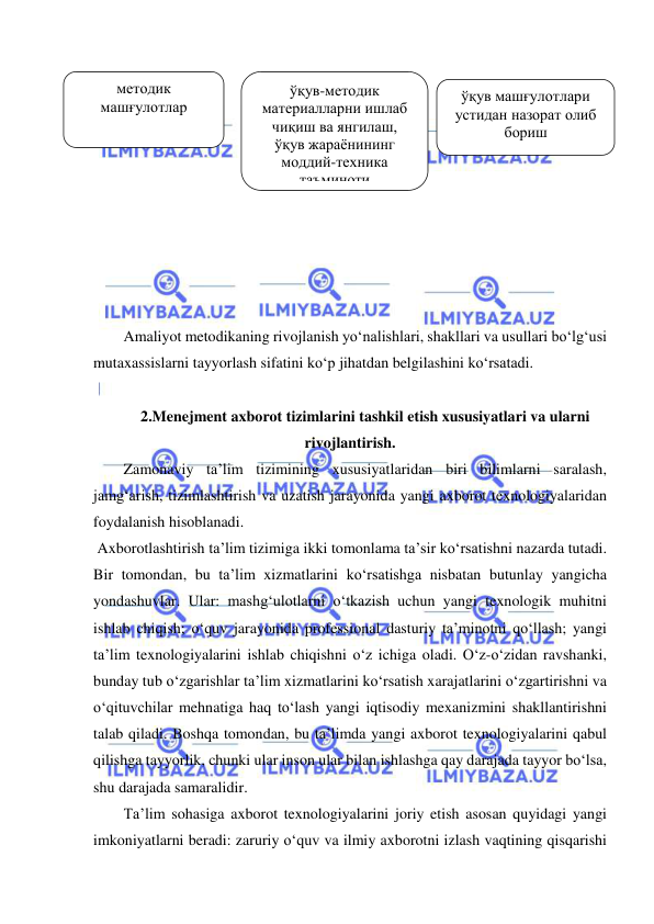  
 
 
 
 
 
 
 
 
 
 
 
Amaliyot metodikaning rivojlanish yo‘nalishlari, shakllari va usullari bo‘lg‘usi 
mutaxassislarni tayyorlash sifatini ko‘p jihatdan belgilashini ko‘rsatadi.  
 
2.Menejment axborot tizimlarini tashkil etish xususiyatlari va ularni 
rivojlantirish. 
Zamonaviy ta’lim tizimining xususiyatlaridan biri bilimlarni saralash, 
jamg‘arish, tizimlashtirish va uzatish jarayonida yangi axborot texnologiyalaridan 
foydalanish hisoblanadi.  
 Axborotlashtirish ta’lim tizimiga ikki tomonlama ta’sir ko‘rsatishni nazarda tutadi. 
Bir tomondan, bu ta’lim xizmatlarini ko‘rsatishga nisbatan butunlay yangicha 
yondashuvlar. Ular: mashg‘ulotlarni o‘tkazish uchun yangi texnologik muhitni 
ishlab chiqish; o‘quv jarayonida professional dasturiy ta’minotni qo‘llash; yangi 
ta’lim texnologiyalarini ishlab chiqishni o‘z ichiga oladi. O‘z-o‘zidan ravshanki, 
bunday tub o‘zgarishlar ta’lim xizmatlarini ko‘rsatish xarajatlarini o‘zgartirishni va 
o‘qituvchilar mehnatiga haq to‘lash yangi iqtisodiy mexanizmini shakllantirishni 
talab qiladi. Boshqa tomondan, bu ta’limda yangi axborot texnologiyalarini qabul 
qilishga tayyorlik, chunki ular inson ular bilan ishlashga qay darajada tayyor bo‘lsa, 
shu darajada samaralidir.  
Ta’lim sohasiga axborot texnologiyalarini joriy etish asosan quyidagi yangi 
imkoniyatlarni beradi: zaruriy o‘quv va ilmiy axborotni izlash vaqtining qisqarishi 
ўқув-методик 
материалларни ишлаб 
чиқиш ва янгилаш, 
ўқув жараёнининг 
моддий-техника 
таъминоти 
 
методик 
машғулотлар 
 
ўқув машғулотлари 
устидан назорат олиб 
бориш 
 
