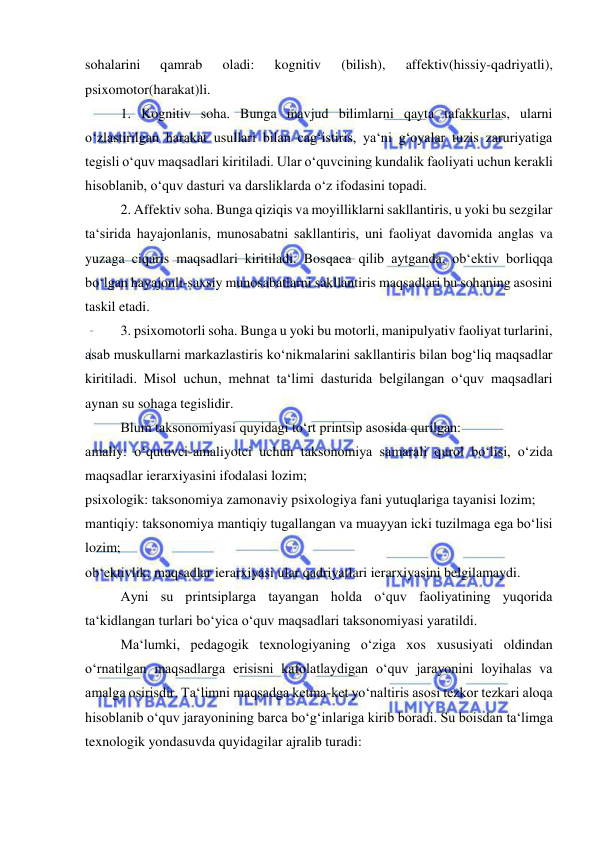  
 
sohalarini 
qamrab 
oladi: 
kognitiv 
(bilish), 
affektiv(hissiy-qadriyatli), 
psixomotor(harakat)li. 
 
1. Kognitiv soha. Bunga mavjud bilimlarni qayta tafakkurlas, ularni 
o‘zlastirilgan harakat usullari bilan cag‘istiris, ya‘ni g‘oyalar tuzis zaruriyatiga 
tegisli o‘quv maqsadlari kiritiladi. Ular o‘quvcining kundalik faoliyati uchun kerakli 
hisoblanib, o‘quv dasturi va darsliklarda o‘z ifodasini topadi. 
   
2. Affektiv soha. Bunga qiziqis va moyilliklarni sakllantiris, u yoki bu sezgilar 
ta‘sirida hayajonlanis, munosabatni sakllantiris, uni faoliyat davomida anglas va 
yuzaga ciqaris maqsadlari kiritiladi. Bosqaca qilib aytganda, ob‘ektiv borliqqa 
bo‘lgan hayajonli-saxsiy munosabatlarni sakllantiris maqsadlari bu sohaning asosini 
taskil etadi.  
 
3. psixomotorli soha. Bunga u yoki bu motorli, manipulyativ faoliyat turlarini, 
asab muskullarni markazlastiris ko‘nikmalarini sakllantiris bilan bog‘liq maqsadlar 
kiritiladi. Misol uchun, mehnat ta‘limi dasturida belgilangan o‘quv maqsadlari 
aynan su sohaga tegislidir. 
 
Blum taksonomiyasi quyidagi to‘rt printsip asosida qurilgan: 
amaliy: o‘qutuvci-amaliyotci uchun taksonomiya samarali qurol bo‘lisi, o‘zida 
maqsadlar ierarxiyasini ifodalasi lozim; 
psixologik: taksonomiya zamonaviy psixologiya fani yutuqlariga tayanisi lozim; 
mantiqiy: taksonomiya mantiqiy tugallangan va muayyan icki tuzilmaga ega bo‘lisi 
lozim; 
ob‘ektivlik: maqsadlar ierarxiyasi ular qadriyatlari ierarxiyasini belgilamaydi.  
 
Ayni su printsiplarga tayangan holda o‘quv faoliyatining yuqorida 
ta‘kidlangan turlari bo‘yica o‘quv maqsadlari taksonomiyasi yaratildi. 
 
Ma‘lumki, pedagogik texnologiyaning o‘ziga xos xususiyati oldindan 
o‘rnatilgan maqsadlarga erisisni kafolatlaydigan o‘quv jarayonini loyihalas va 
amalga osirisdir. Ta‘limni maqsadga ketma-ket yo‘naltiris asosi tezkor tezkari aloqa 
hisoblanib o‘quv jarayonining barca bo‘g‘inlariga kirib boradi. Su boisdan ta‘limga 
texnologik yondasuvda quyidagilar ajralib turadi: 
