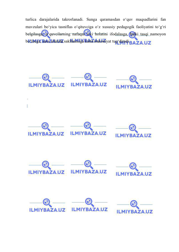  
 
turlica darajalarida takrorlanadi. Sunga qaramasdan o‘quv maqsadlarini fan 
mavzulari bo‘yica tasniflas o‘qituvciga o‘z xususiy pedagogik faoliyatini to‘g‘ri 
belgilasga, o‘quvcilarning nafaqat icki holatini ifodalasga, balki tasqi namoyon 
bo‘lisiga, saxs sifatida sakllanisiga katta imkoniyat tug‘diradi.  
  
 
 
 
