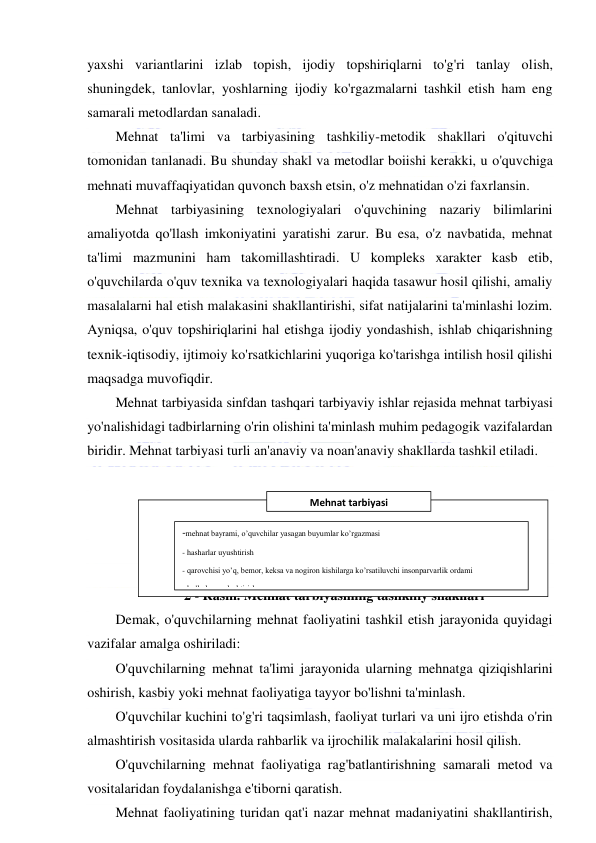  
 
yaxshi variantlarini izlab topish, ijodiy topshiriqlarni to'g'ri tanlay olish, 
shuningdek, tanlovlar, yoshlarning ijodiy ko'rgazmalarni tashkil etish ham eng 
samarali metodlardan sanaladi. 
Mehnat ta'limi va tarbiyasining tashkiliy-metodik shakllari o'qituvchi 
tomonidan tanlanadi. Bu shunday shakl va metodlar boiishi kerakki, u o'quvchiga 
mehnati muvaffaqiyatidan quvonch baxsh etsin, o'z mehnatidan o'zi faxrlansin. 
Mehnat tarbiyasining texnologiyalari o'quvchining nazariy bilimlarini 
amaliyotda qo'llash imkoniyatini yaratishi zarur. Bu esa, o'z navbatida, mehnat 
ta'limi mazmunini ham takomillashtiradi. U kompleks xarakter kasb etib, 
o'quvchilarda o'quv texnika va texnologiyalari haqida tasawur hosil qilishi, amaliy 
masalalarni hal etish malakasini shakllantirishi, sifat natijalarini ta'minlashi lozim. 
Ayniqsa, o'quv topshiriqlarini hal etishga ijodiy yondashish, ishlab chiqarishning 
texnik-iqtisodiy, ijtimoiy ko'rsatkichlarini yuqoriga ko'tarishga intilish hosil qilishi 
maqsadga muvofiqdir. 
Mehnat tarbiyasida sinfdan tashqari tarbiyaviy ishlar rejasida mehnat tarbiyasi 
yo'nalishidagi tadbirlarning o'rin olishini ta'minlash muhim pedagogik vazifalardan 
biridir. Mehnat tarbiyasi turli an'anaviy va noan'anaviy shakllarda tashkil etiladi.  
 
 
 
 
 
2 - Rasm. Mehnat tarbiyasining tashkiliy shakllari 
Demak, o'quvchilarning mehnat faoliyatini tashkil etish jarayonida quyidagi 
vazifalar amalga oshiriladi: 
O'quvchilarning mehnat ta'limi jarayonida ularning mehnatga qiziqishlarini 
oshirish, kasbiy yoki mehnat faoliyatiga tayyor bo'lishni ta'minlash. 
O'quvchilar kuchini to'g'ri taqsimlash, faoliyat turlari va uni ijro etishda o'rin 
almashtirish vositasida ularda rahbarlik va ijrochilik malakalarini hosil qilish. 
O'quvchilarning mehnat faoliyatiga rag'batlantirishning samarali metod va 
vositalaridan foydalanishga e'tiborni qaratish. 
Mehnat faoliyatining turidan qat'i nazar mehnat madaniyatini shakllantirish, 
Mehnat tarbiyasi 
-mehnat bayrami, o’quvchilar yasagan buyumlar ko’rgazmasi 
- hasharlar uyushtirish 
- qarovchisi yo’q, bemor, keksa va nogiron kishilarga ko’rsatiluvchi insonparvarlik ordami 
- ko’kalamzorlashtirish 
- ta’mirlash(maktab binosini) 
- “Mohir qo’llar” to’garagining faoliyati 
