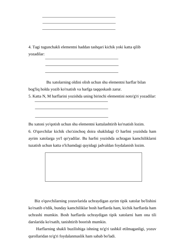 4. Tagi tugunchakli elementni haddan tashqari kichik yoki katta qilib 
yozadilar:
Bu xatolarning oldini olish uchun shu elementni harflar bilan 
bog'liq holda yozib ko'rsatish va harfga taqqoskash zarur.
5. Katta N, M harflarini yozishda uning birinchi elementini noto'g'ri yozadilar:
Bu xatoni yo'qotish uchun shu elementni kattalashtirib ko'rsatish lozim.
6. O'quvchilar kichik cho'zinchoq doira shaklidagi O harfmi yozishda ham
ayrim xatolarga yo'l qo'yadilar. Bu harfni yozishda uchragan kamchiliklarni
tuzatish uchun katta o'lchamdagi quyidagi jadvaldan foydalanish lozim. 
Biz o'quvchilarning yozuvlarida uchraydigan ayrim tipik xatolar bo'lishini
ko'rsatib o'tdik, bunday kamchiliklar bosh harflarda ham, kichik harflarda ham
uchrashi mumkin. Bosh harflarda uchraydigan tipik xatolarni ham ona tili
darslarida ko'rsatib, tanishtirib boorish mumkin.
Harflarning shakli buzilishiga ishning to'g'ri tashkil etilmaganligi, yozuv
qurollaridan to'g'ri foydalanmaslik ham sabab bo'ladi.
